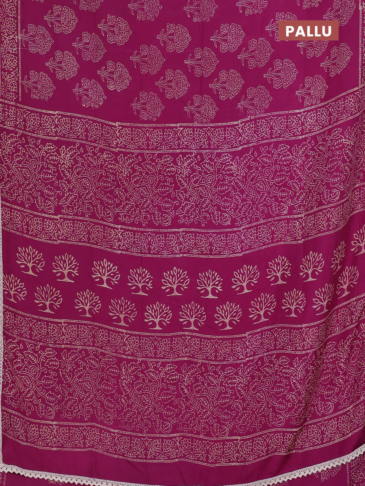 Semi pashmina silk saree purple and cream with allover floral butta prints and crocia lace work border - Image 3