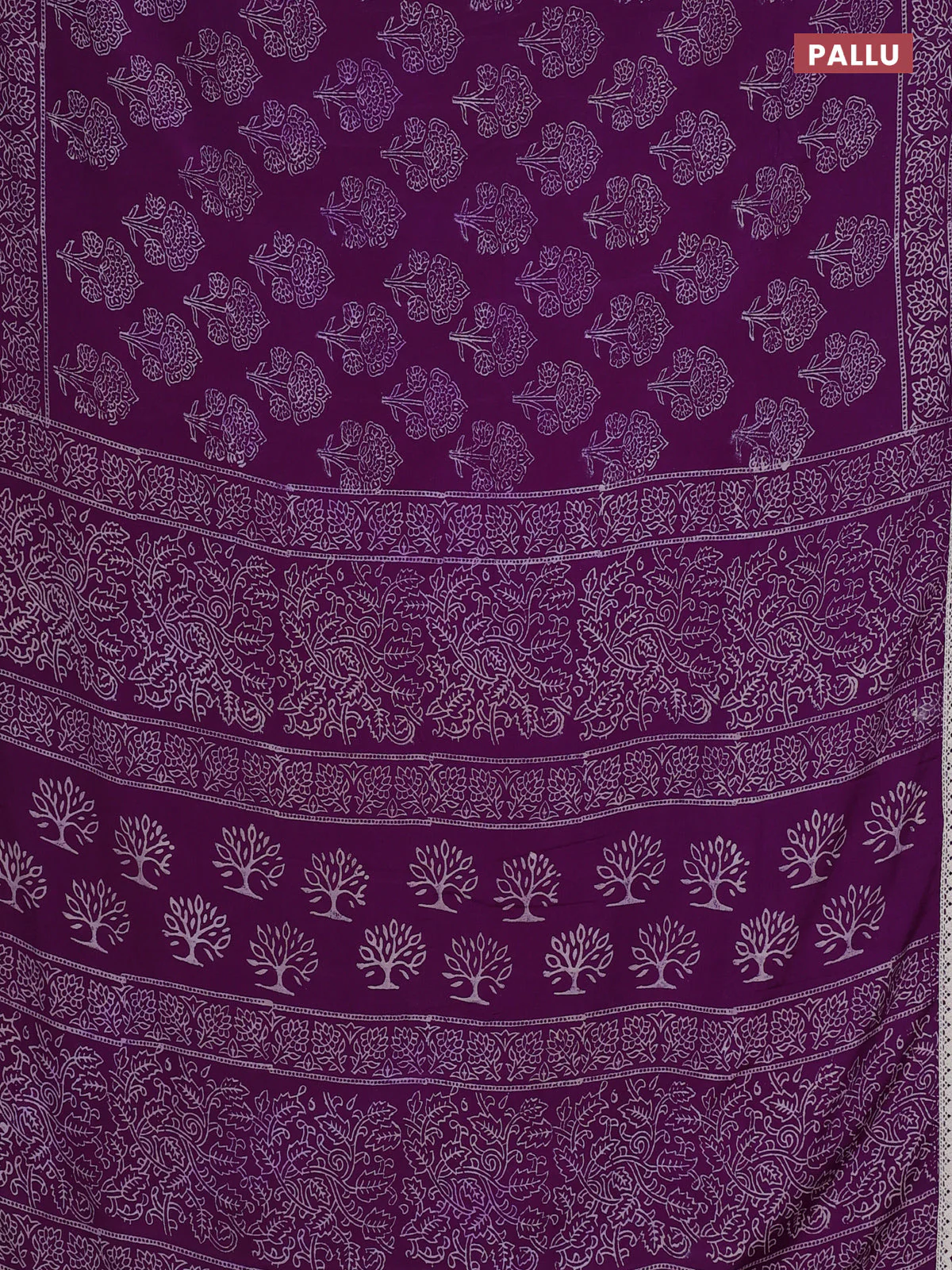 Semi pashmina silk saree purple and cream with allover floral butta prints and crocia lace work border - Image 3