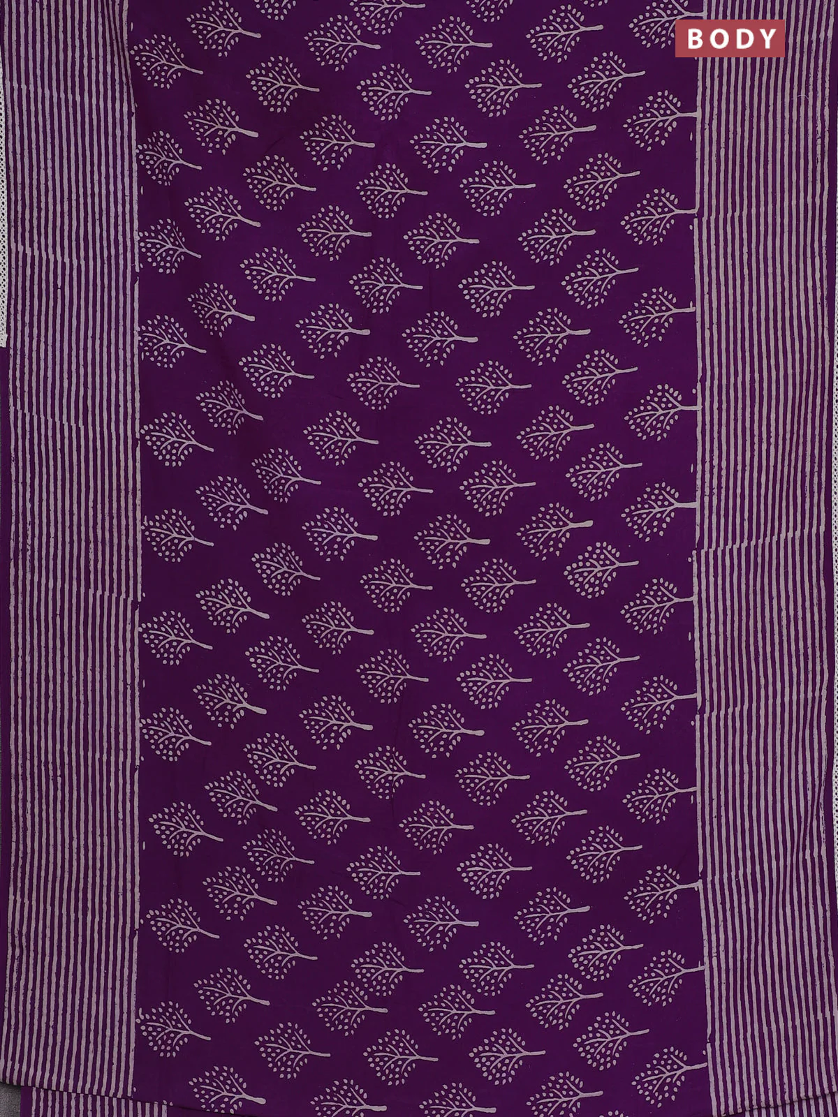 Semi pashmina silk saree purple and cream with allover tree butta prints and crocia lace work border - Image 2