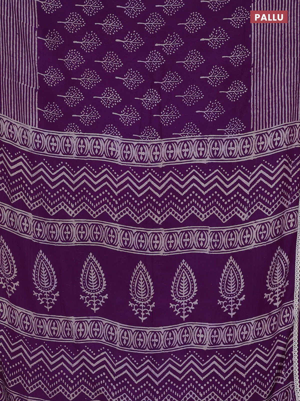 Semi pashmina silk saree purple and cream with allover tree butta prints and crocia lace work border - Image 3