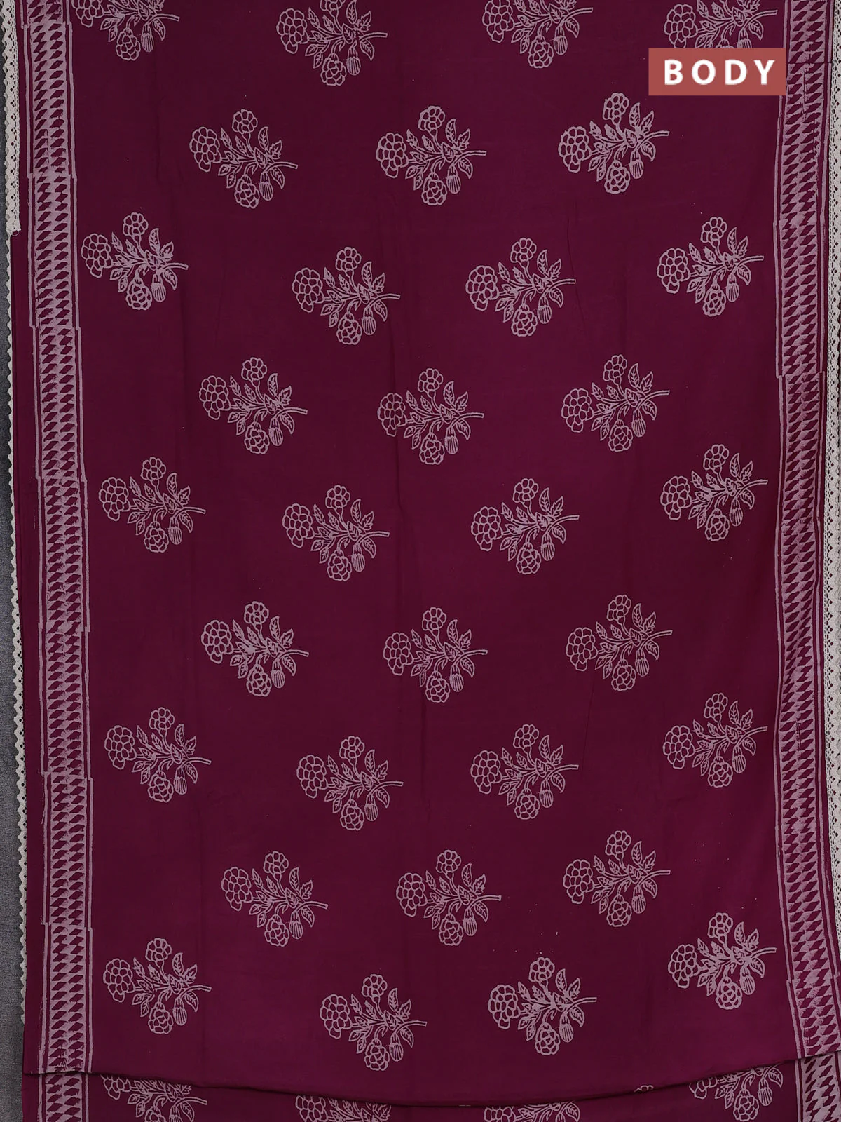 Semi pashmina silk saree purple and cream with butta prints and crocia lace work border - Image 2