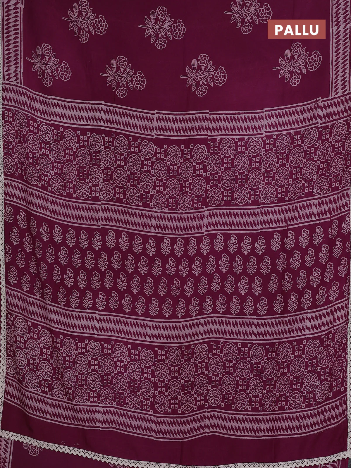Semi pashmina silk saree purple and cream with butta prints and crocia lace work border - Image 3
