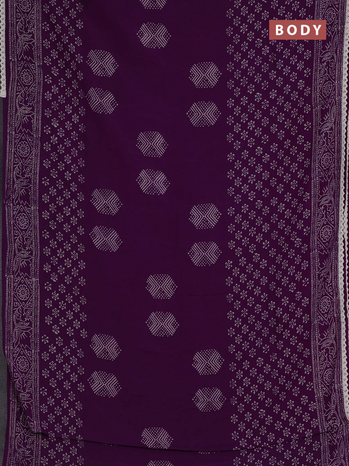 Semi pashmina silk saree purple and cream with butta prints and crocia lace work border - Image 2