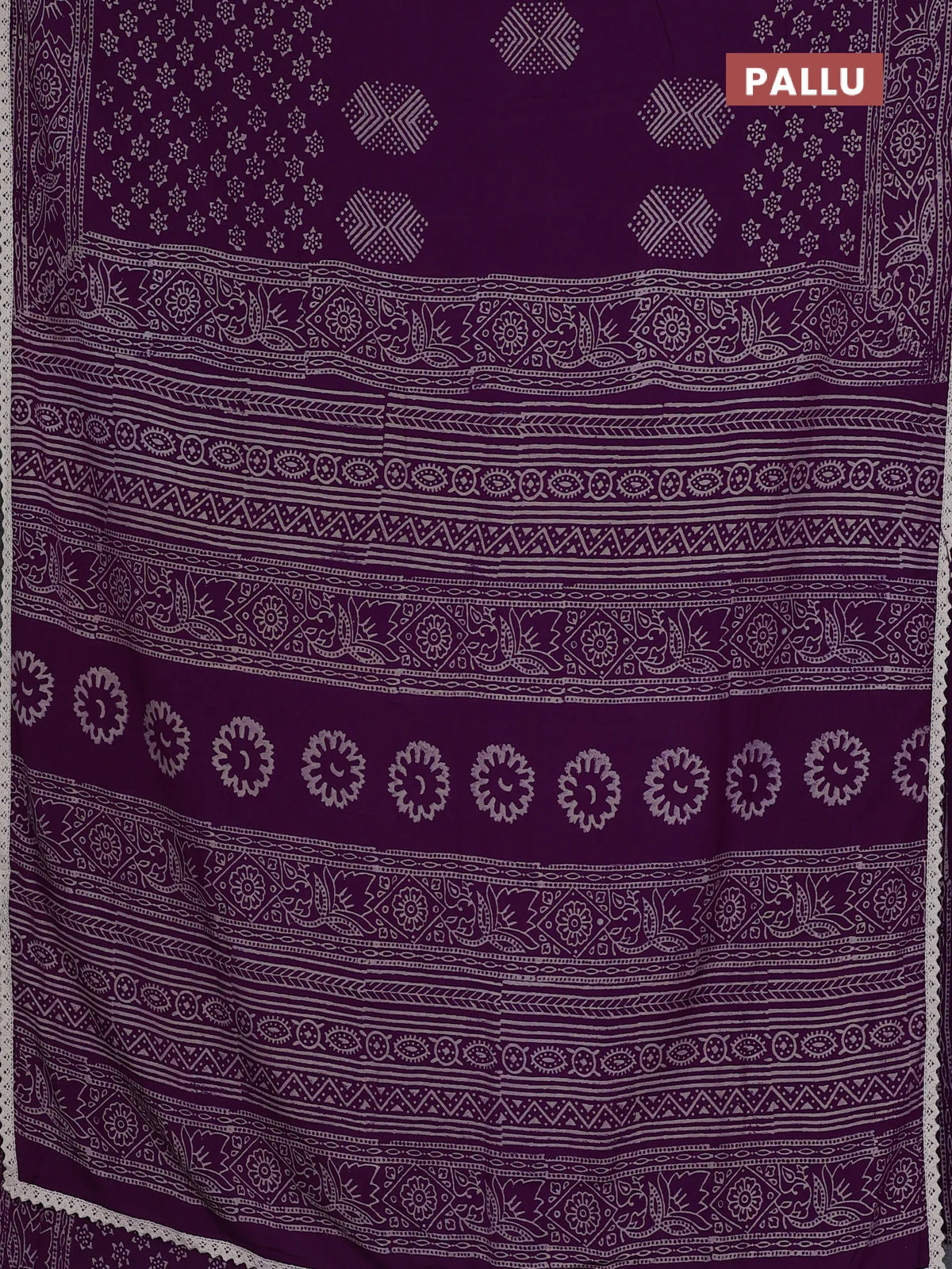 Semi pashmina silk saree purple and cream with butta prints and crocia lace work border - Image 3