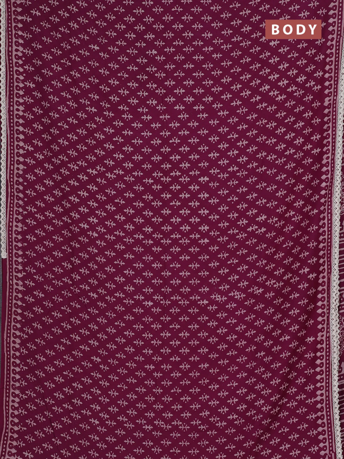 Semi pashmina silk saree purple and cream with butta prints and crocia lace work border - Image 2