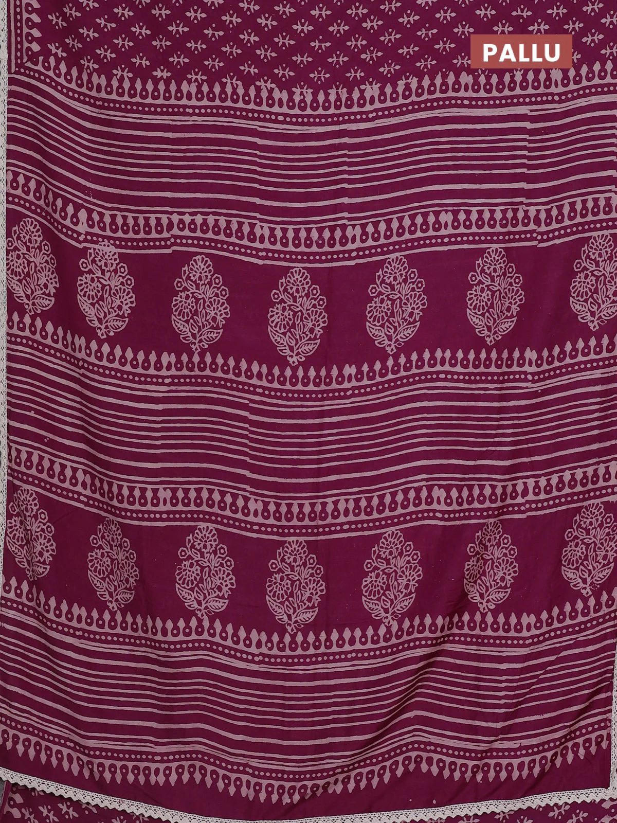 Semi pashmina silk saree purple and cream with butta prints and crocia lace work border - Image 3
