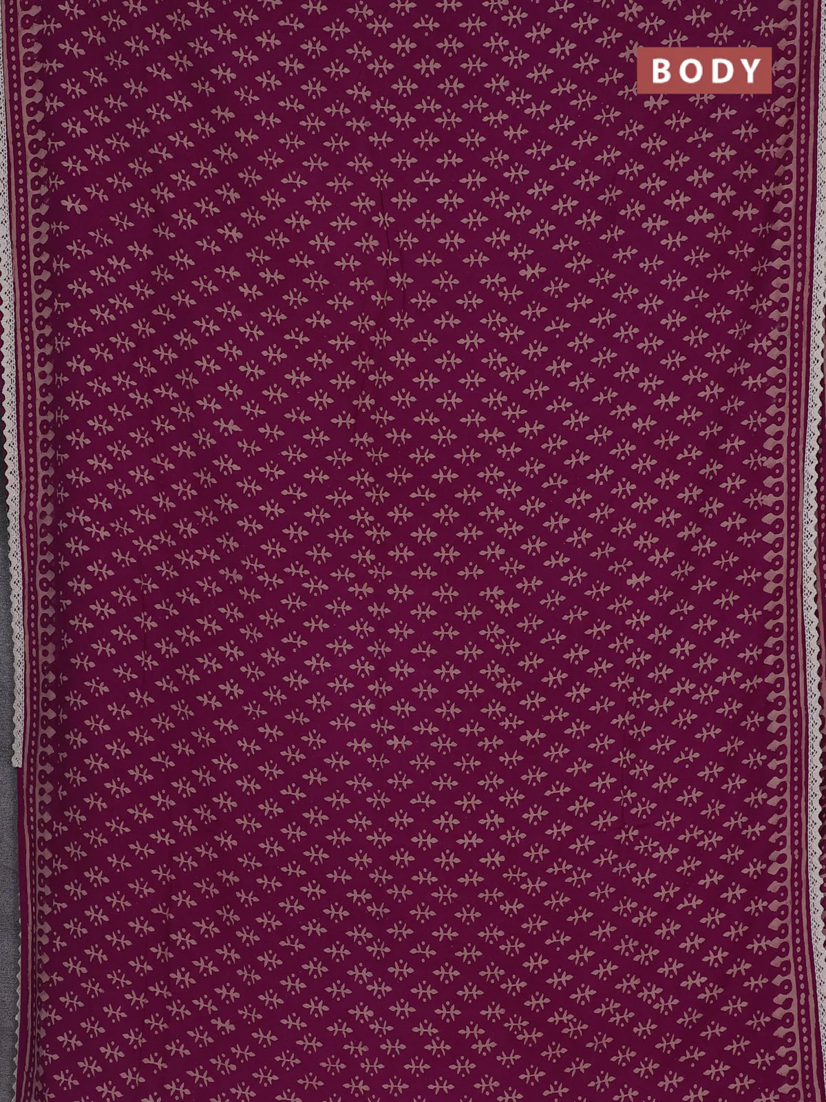 Semi pashmina silk saree purple and cream with butta prints and crocia lace work border - Image 2