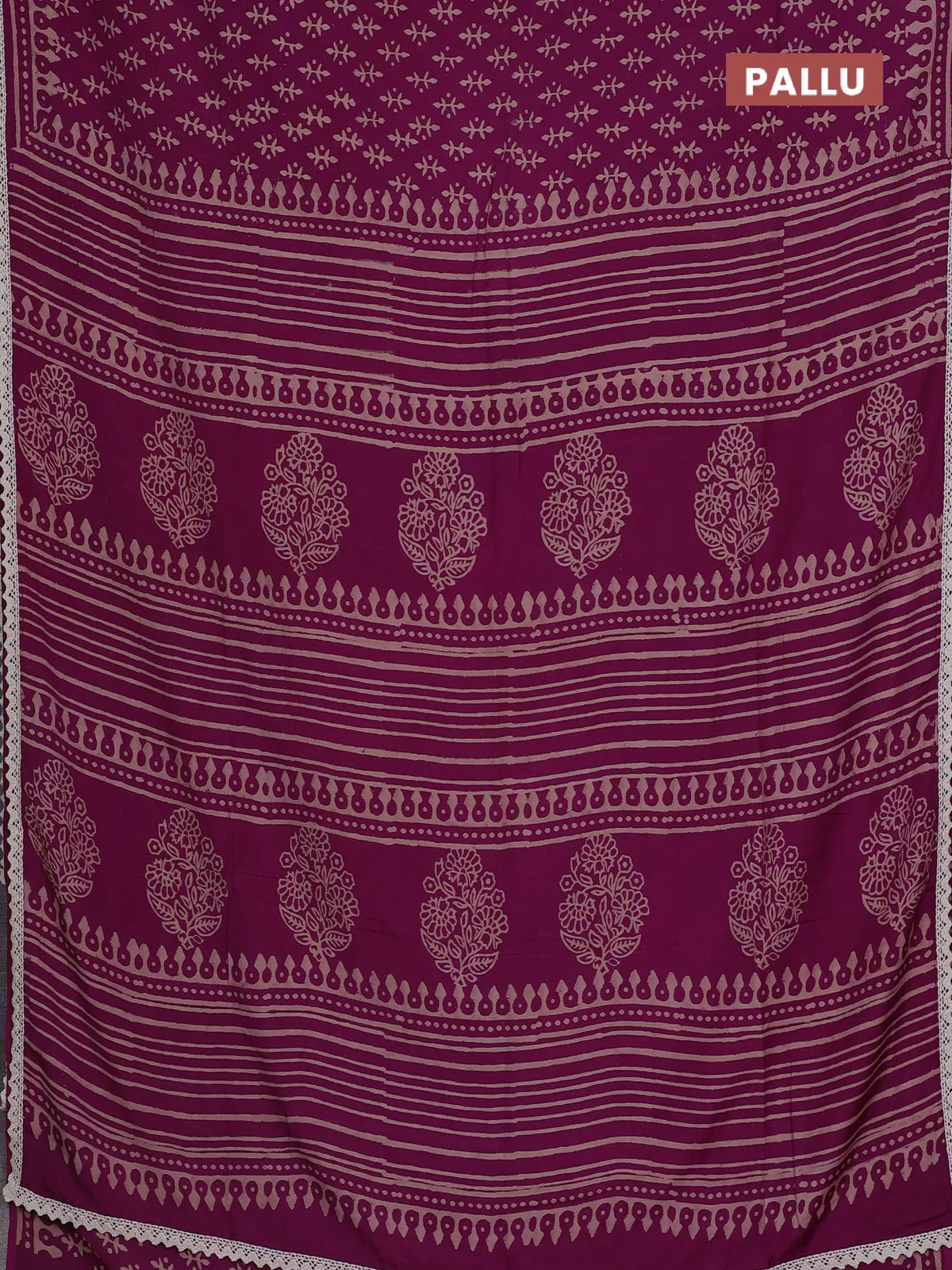 Semi pashmina silk saree purple and cream with butta prints and crocia lace work border - Image 3
