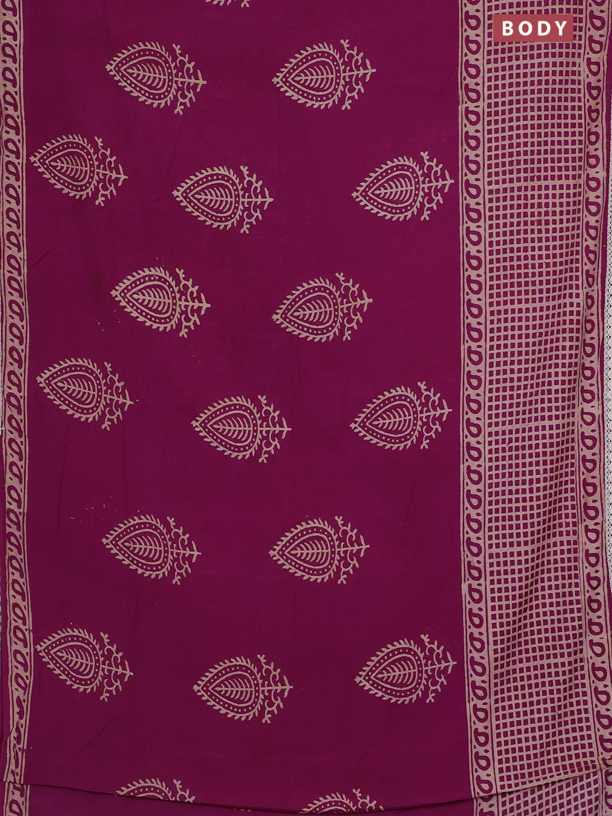Semi pashmina silk saree purple and cream with butta prints and long printed crocia lace work border - Image 2