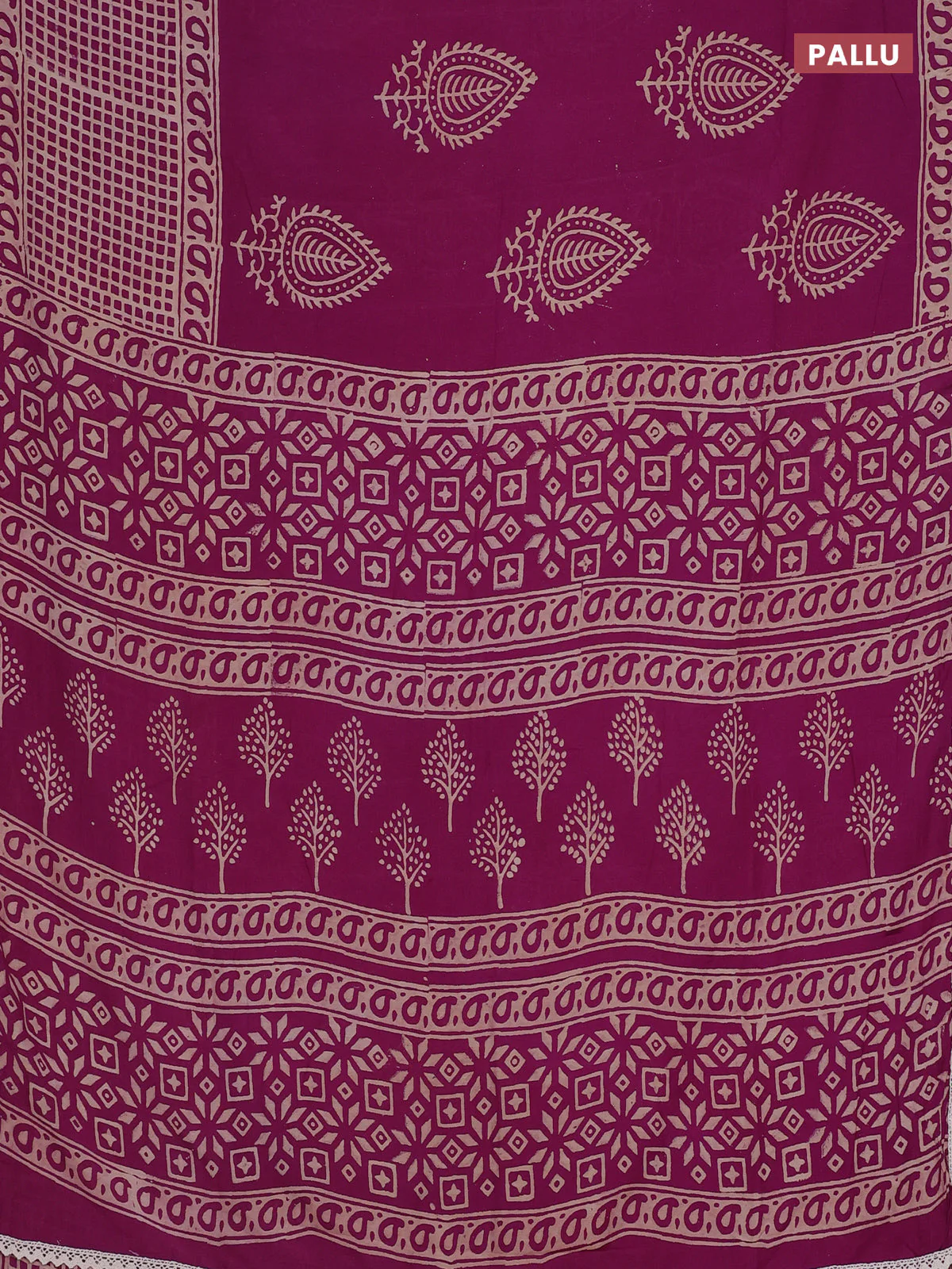 Semi pashmina silk saree purple and cream with butta prints and long printed crocia lace work border - Image 3