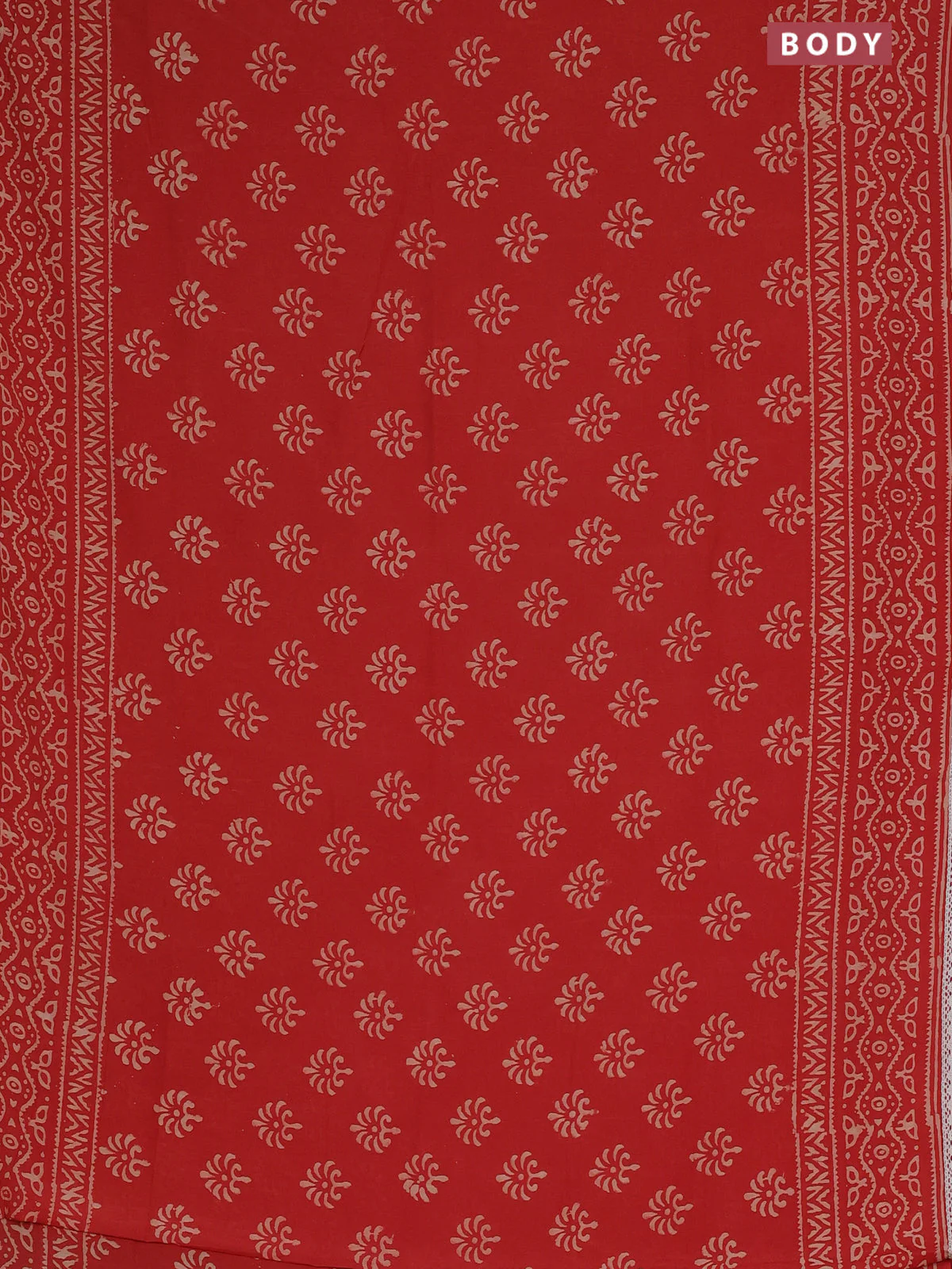Semi pashmina silk saree red and cream with allover butta prints and crocia lace work border - Image 2