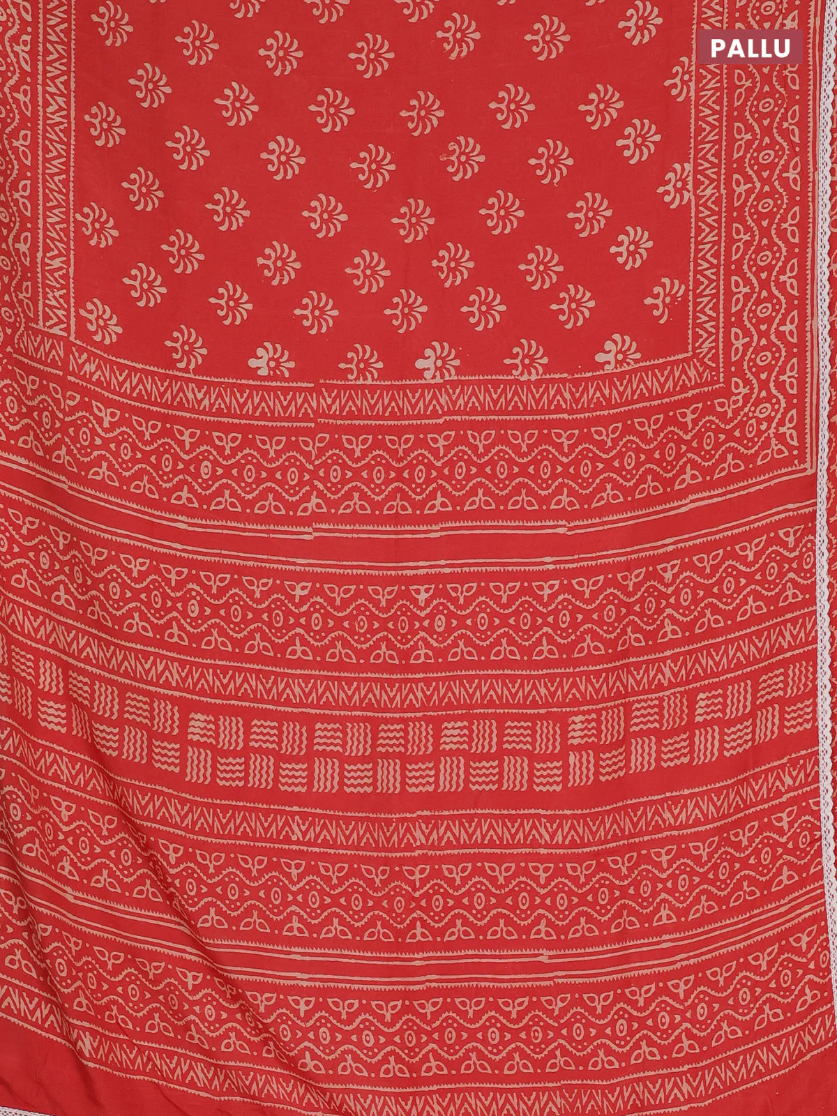 Semi pashmina silk saree red and cream with allover butta prints and crocia lace work border - Image 3