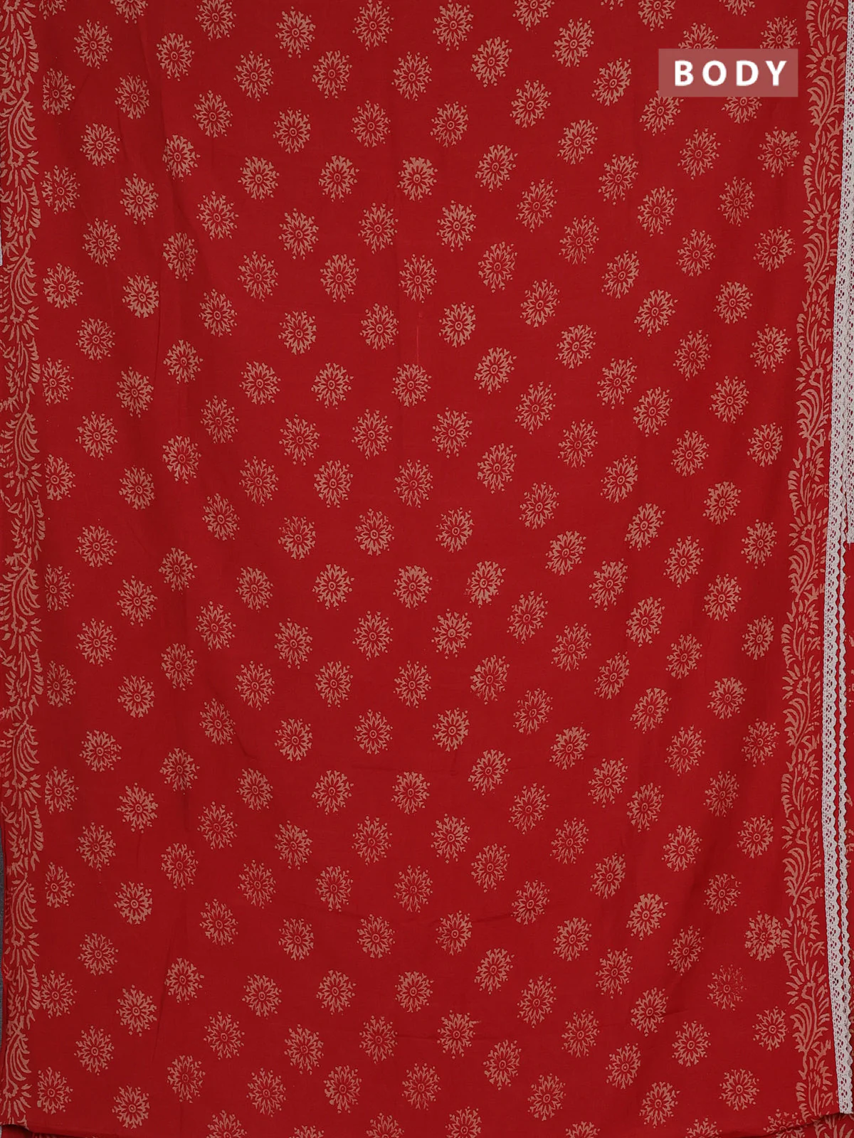 Semi pashmina silk saree red and cream with allover butta prints and crocia lace work border - Image 2