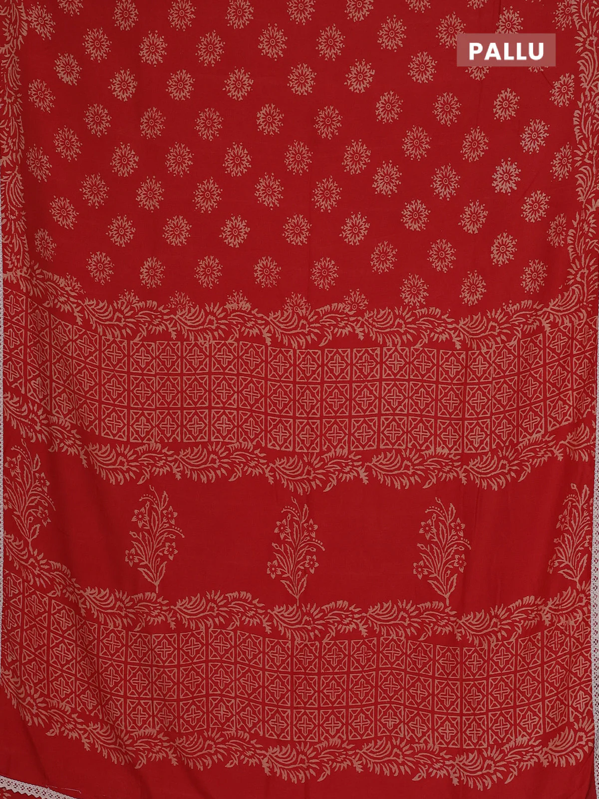 Semi pashmina silk saree red and cream with allover butta prints and crocia lace work border - Image 3