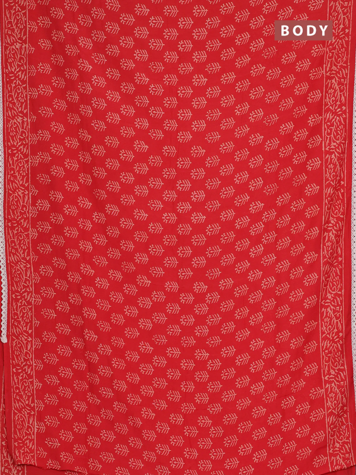Semi pashmina silk saree red and cream with allover butta prints and crocia lace work border - Image 2