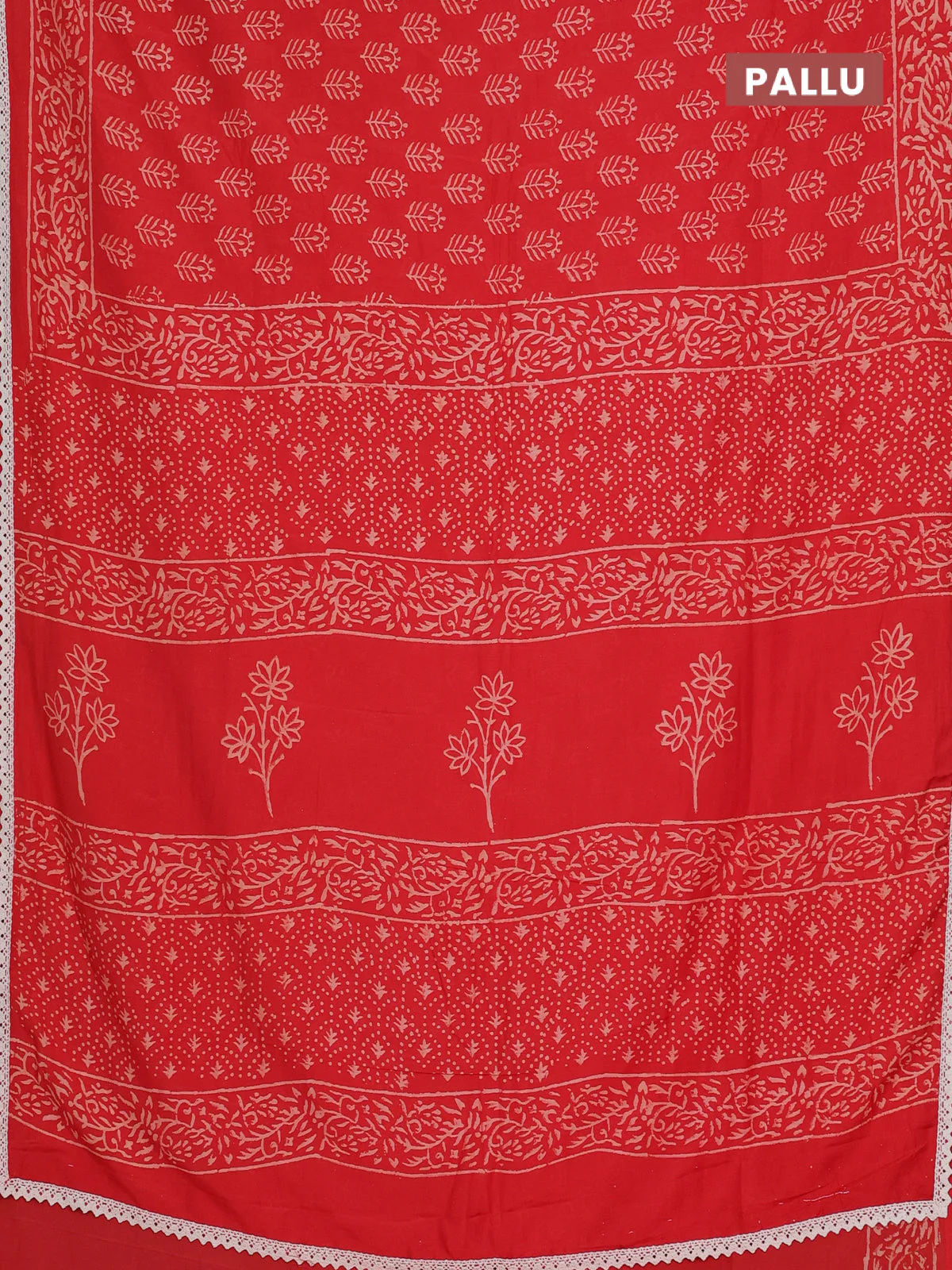 Semi pashmina silk saree red and cream with allover butta prints and crocia lace work border - Image 3