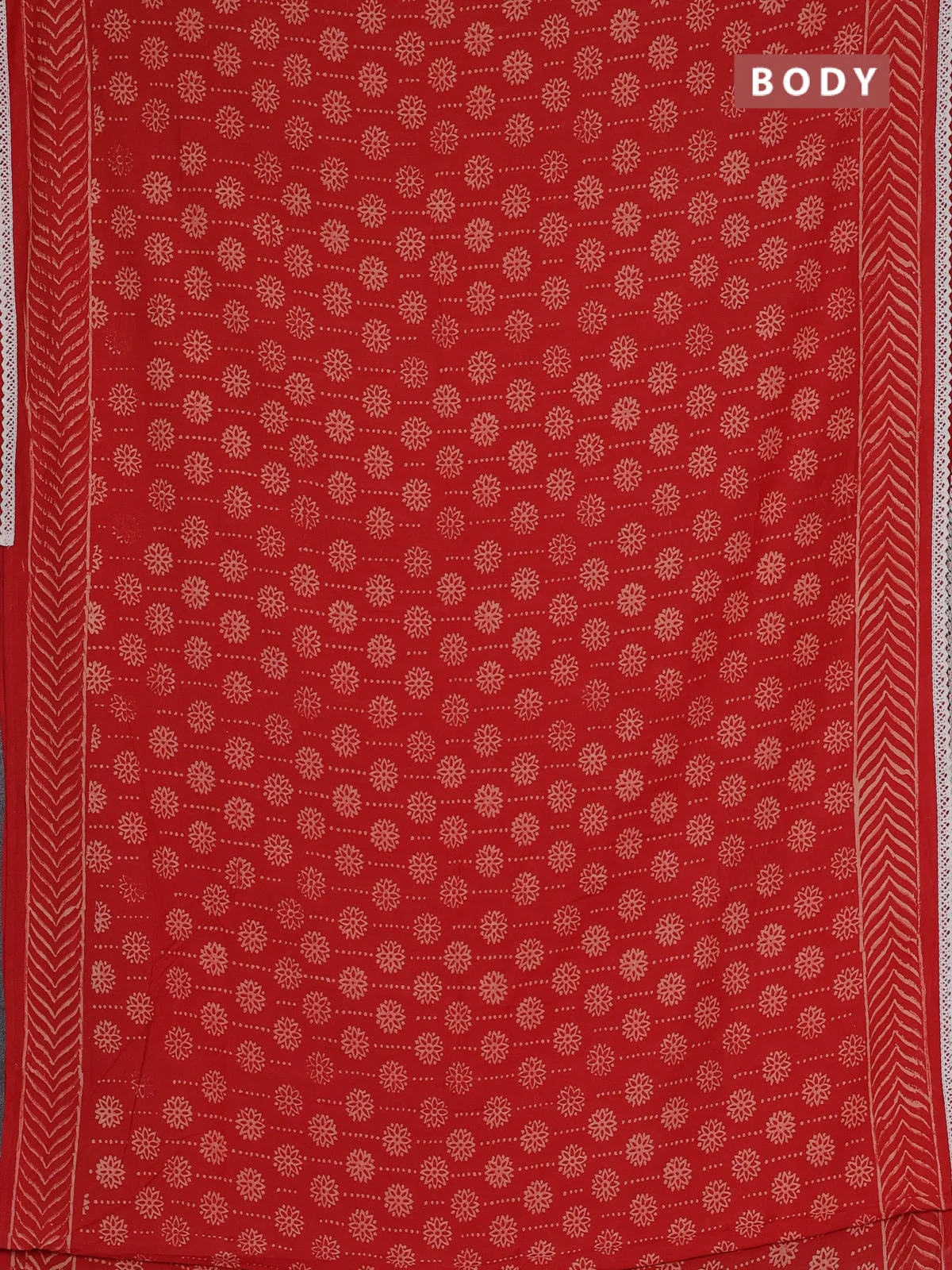 Semi pashmina silk saree red and cream with allover prints and crocia lace work border - Image 2