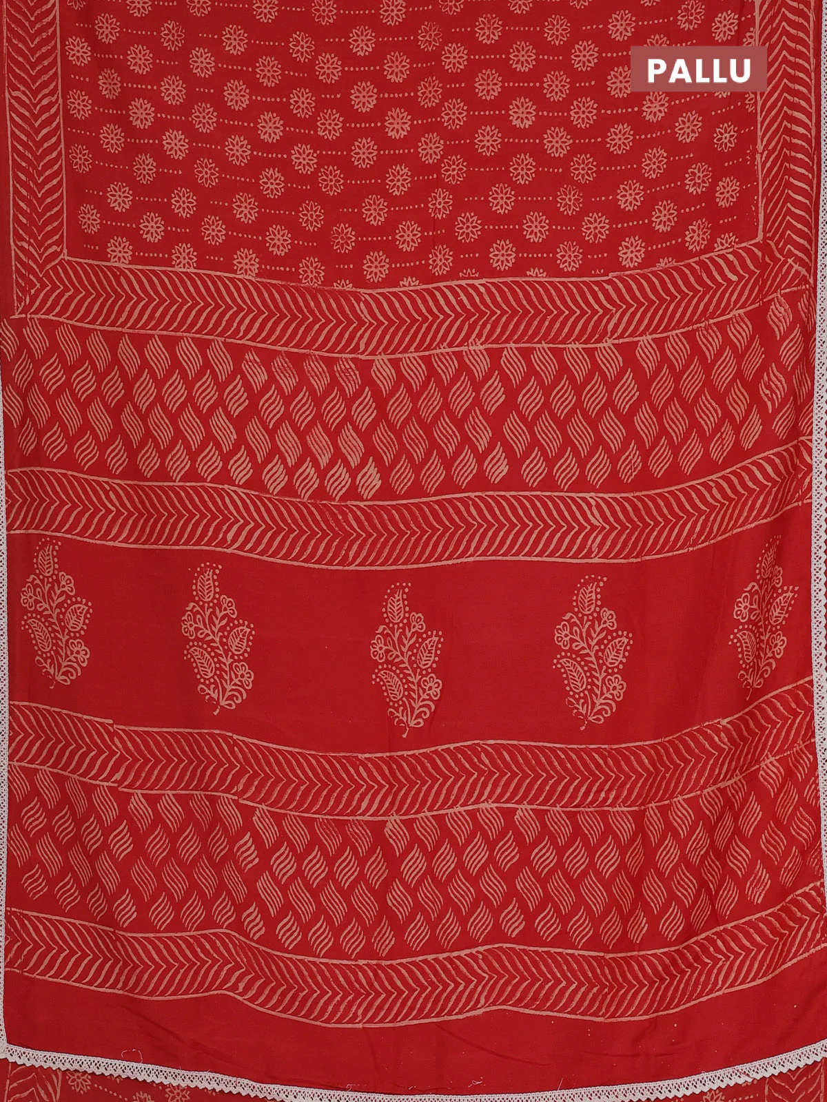 Semi pashmina silk saree red and cream with allover prints and crocia lace work border - Image 3