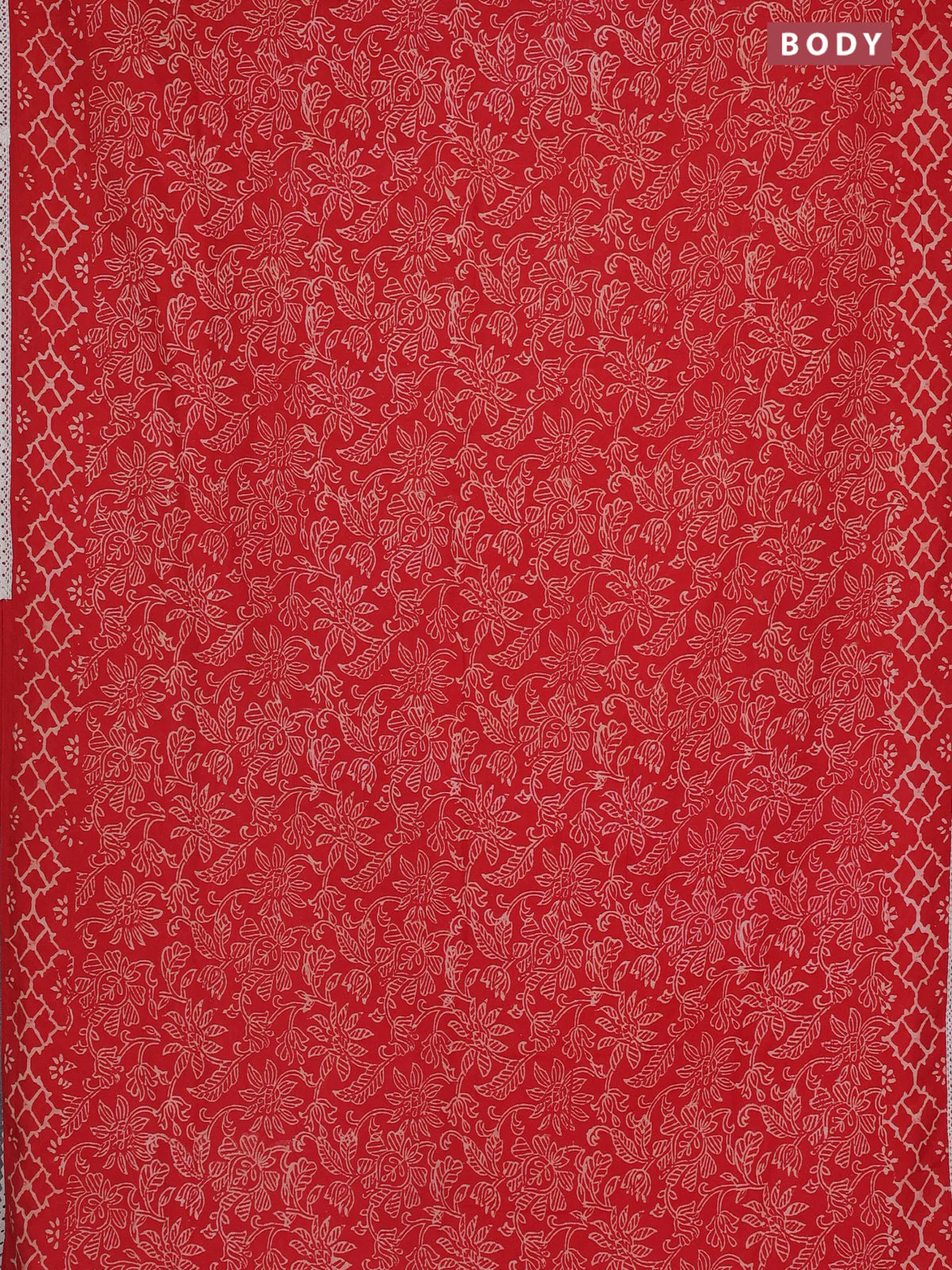 Semi pashmina silk saree red and cream with allover prints and crocia lace work border - Image 2