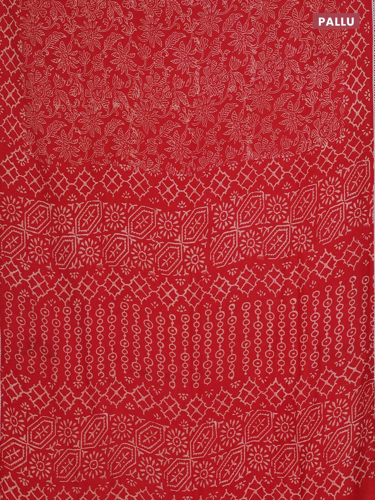 Semi pashmina silk saree red and cream with allover prints and crocia lace work border - Image 3