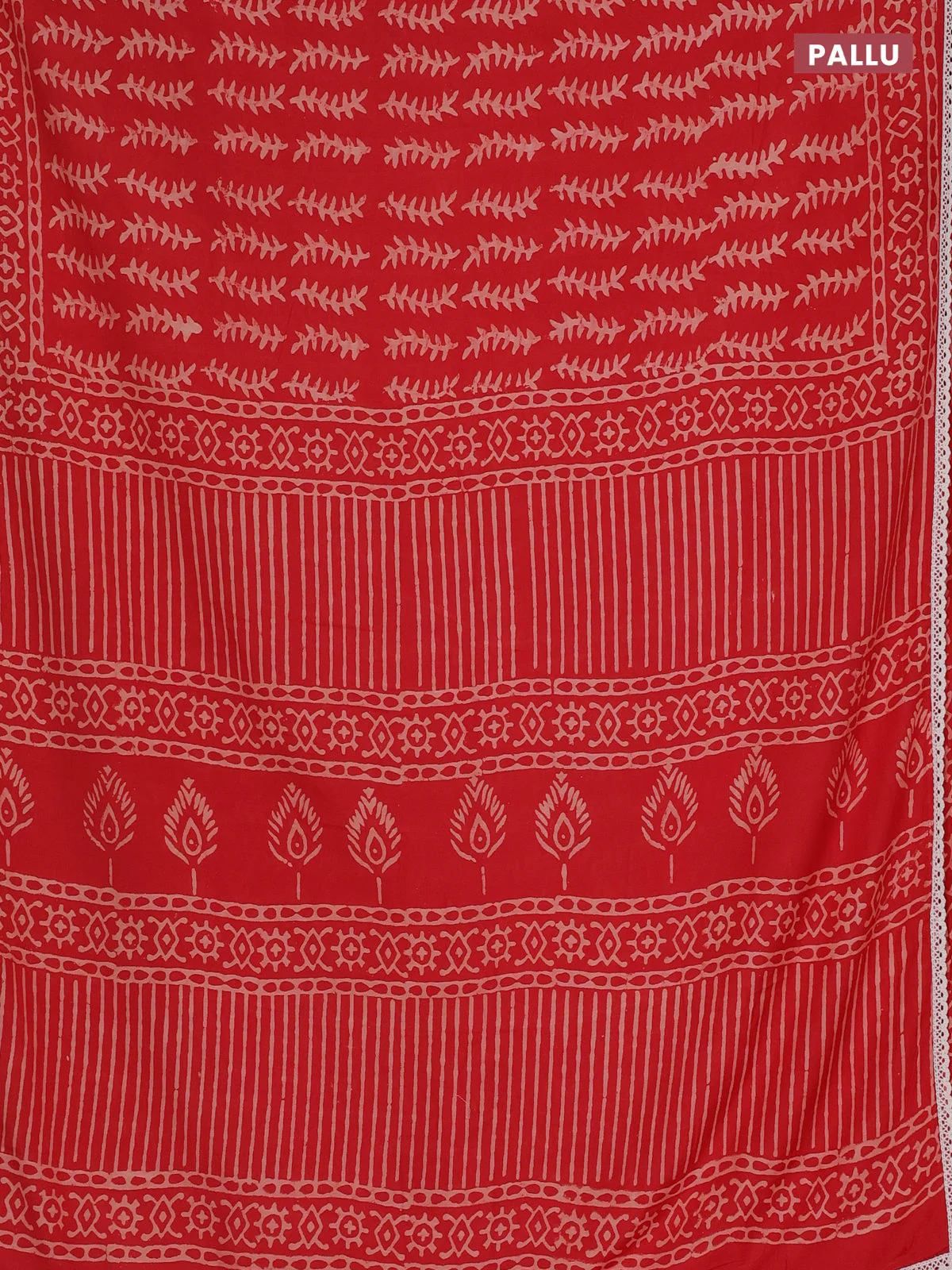 Semi pashmina silk saree red and cream with allover prints and crocia lace work border - Image 3