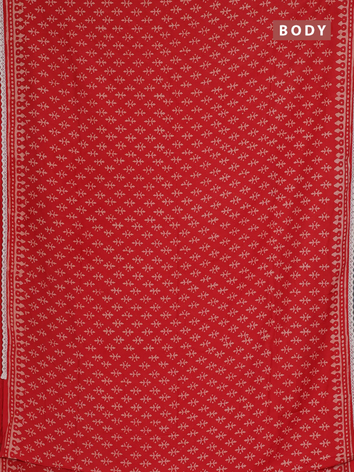 Semi pashmina silk saree red and cream with butta prints and crocia lace work border - Image 2