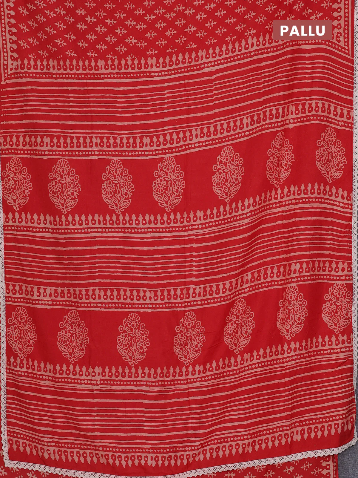 Semi pashmina silk saree red and cream with butta prints and crocia lace work border - Image 3