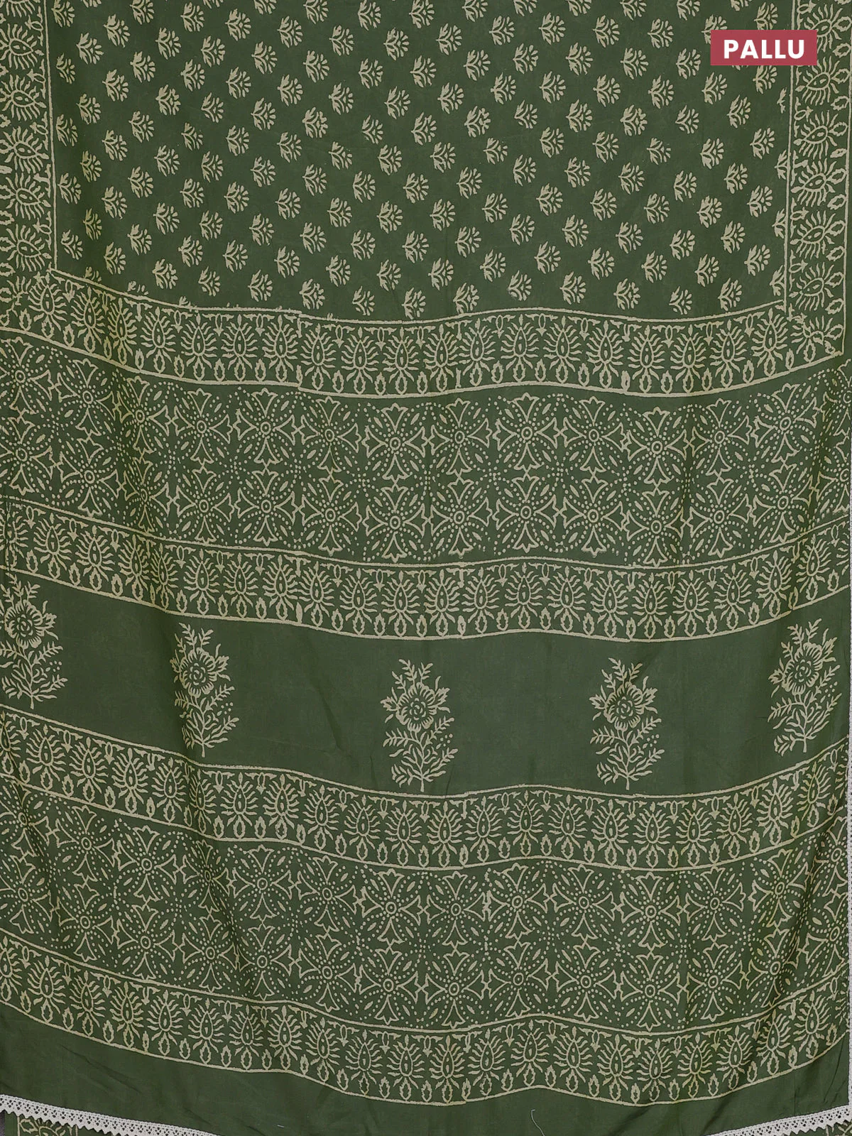 Semi pashmina silk saree sap green and cream with allover butta prints and crocia lace work border - Image 3
