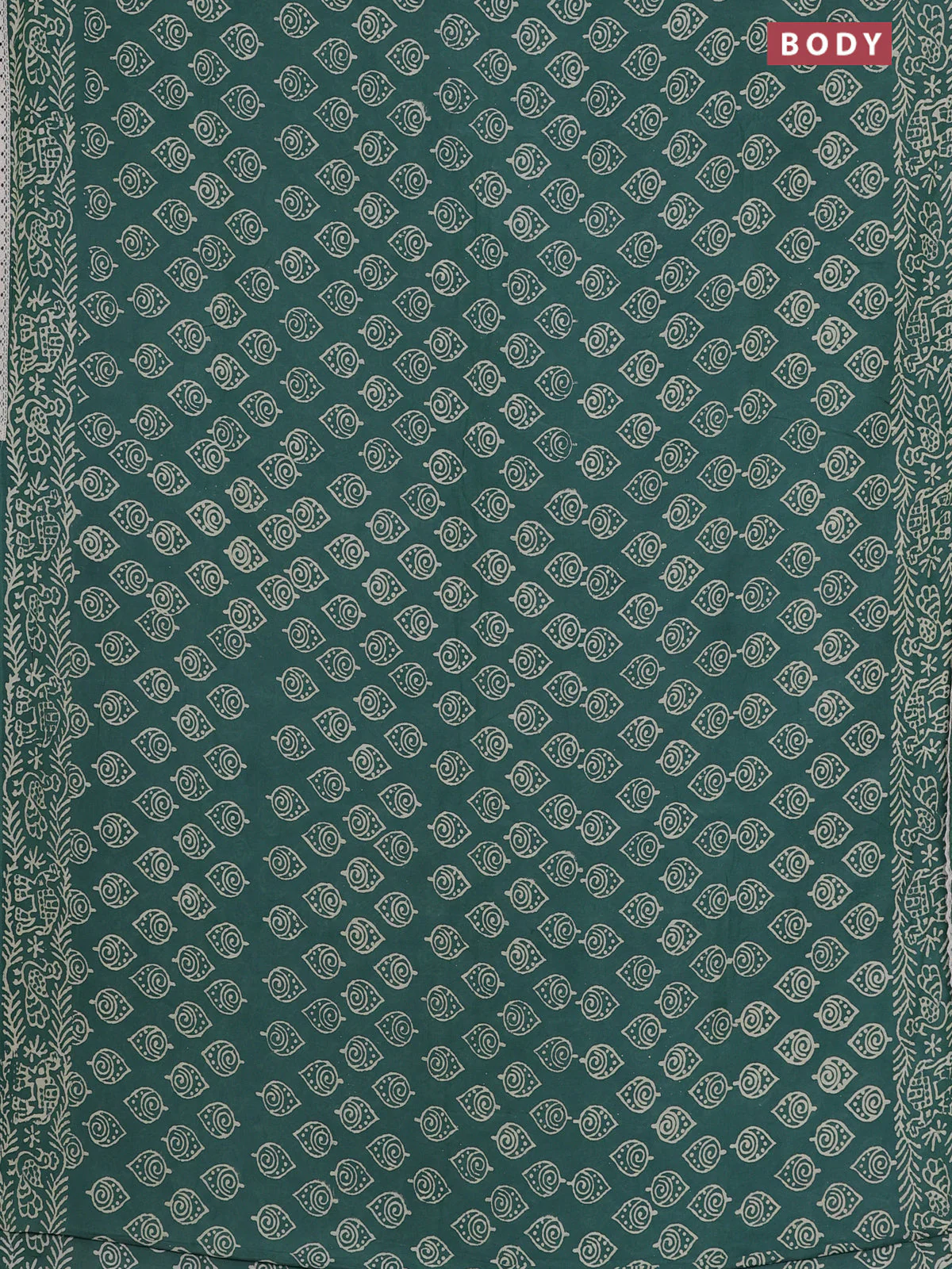 Semi pashmina silk saree teal green shade and cream with allover butta prints and crocia lace work border - Image 2