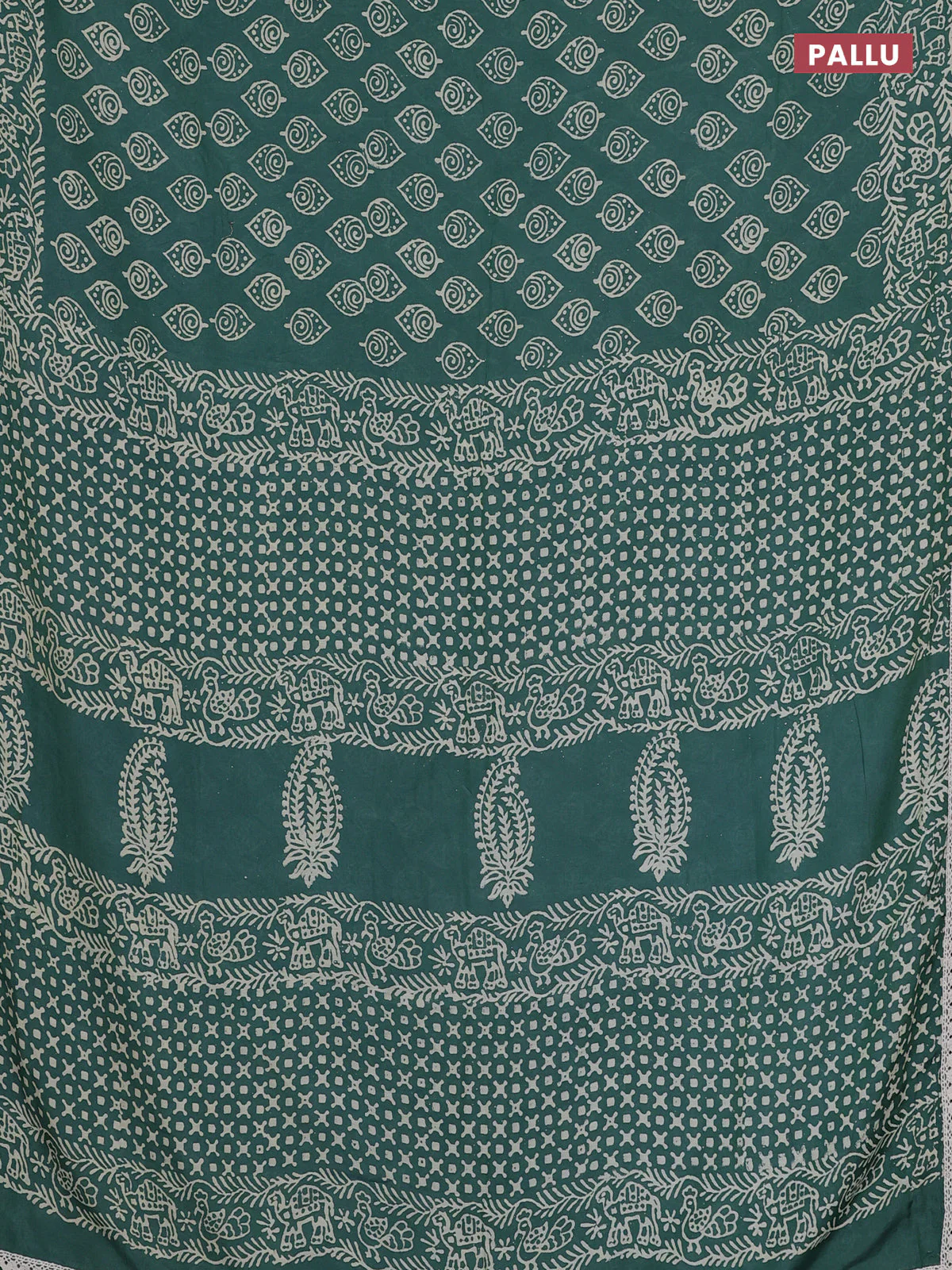 Semi pashmina silk saree teal green shade and cream with allover butta prints and crocia lace work border - Image 3