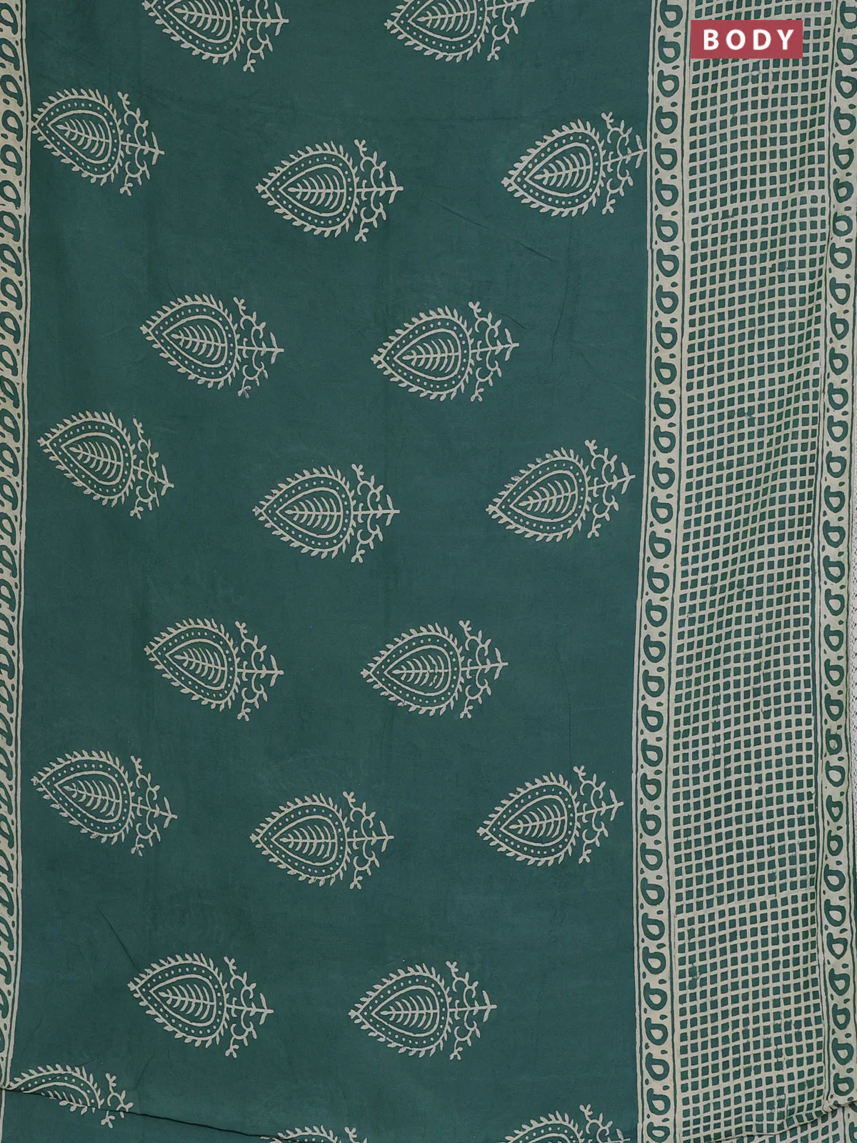 Semi pashmina silk saree teal green shade and cream with butta prints and long printed crocia lace work border - Image 2