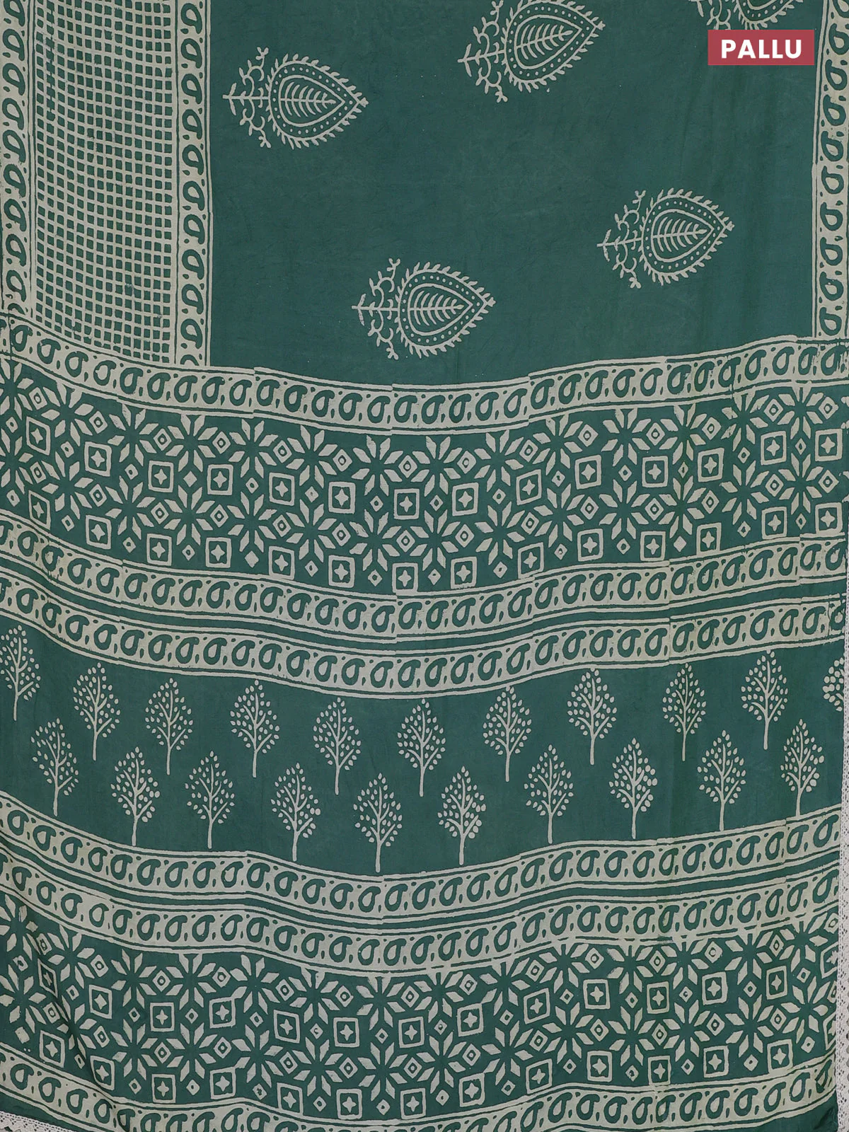 Semi pashmina silk saree teal green shade and cream with butta prints and long printed crocia lace work border - Image 3