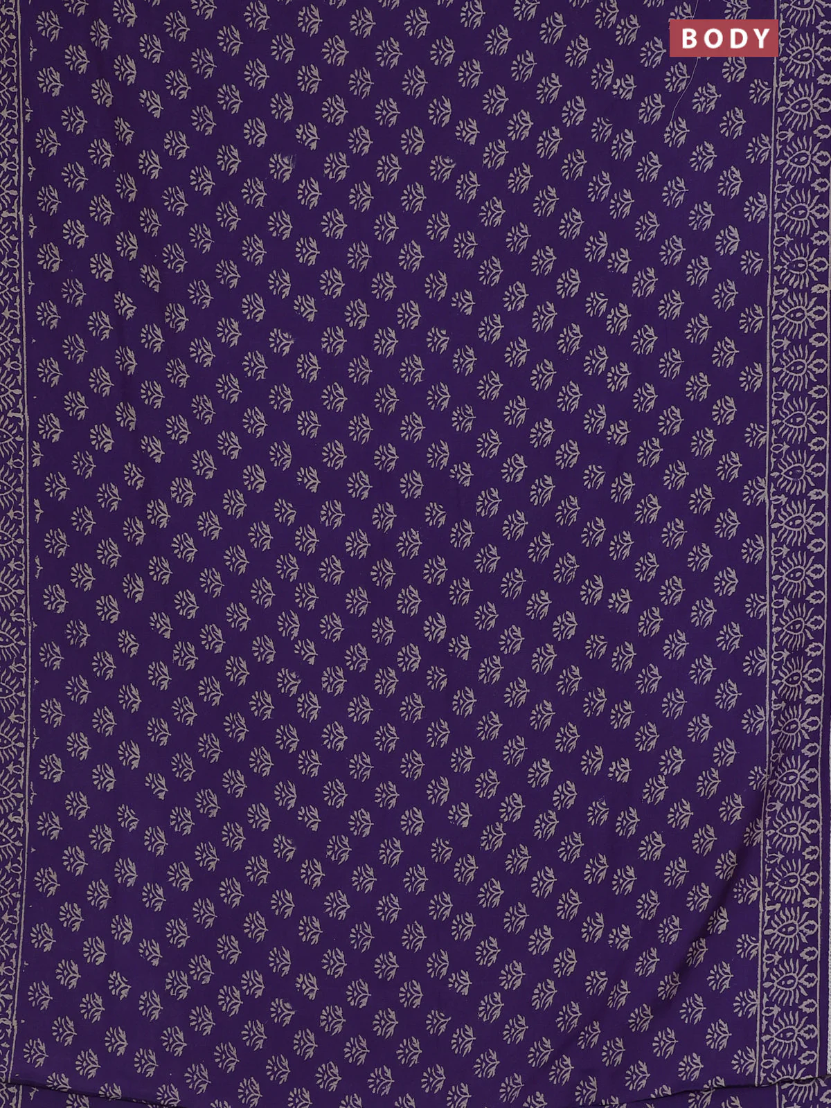 Semi pashmina silk saree violet and cream with allover butta prints and crocia lace work border - Image 2
