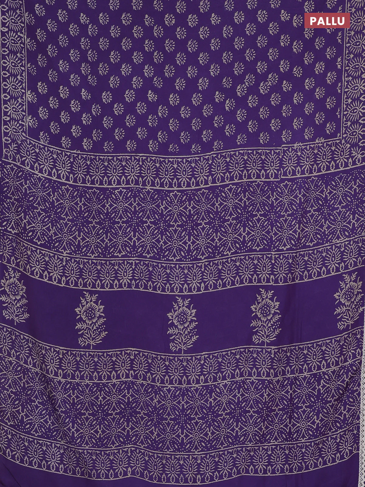 Semi pashmina silk saree violet and cream with allover butta prints and crocia lace work border - Image 3