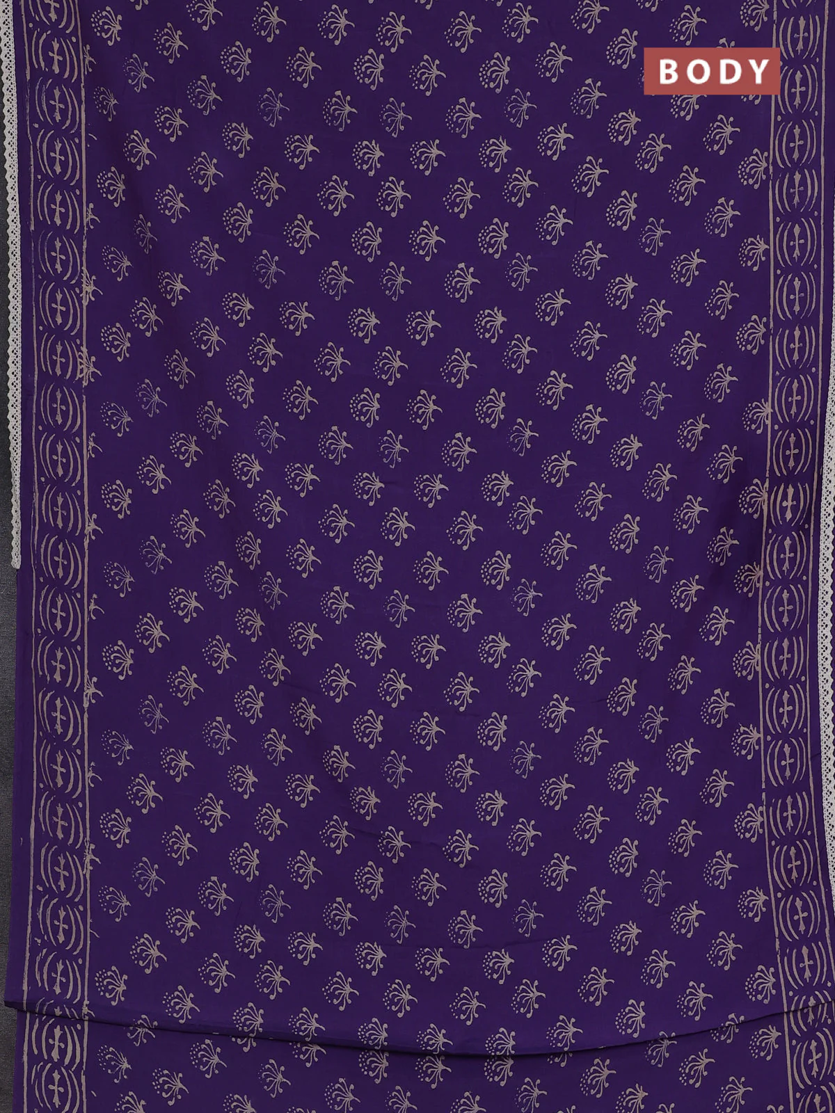 Semi pashmina silk saree violet and cream with allover butta prints and crocia lace work border - Image 2