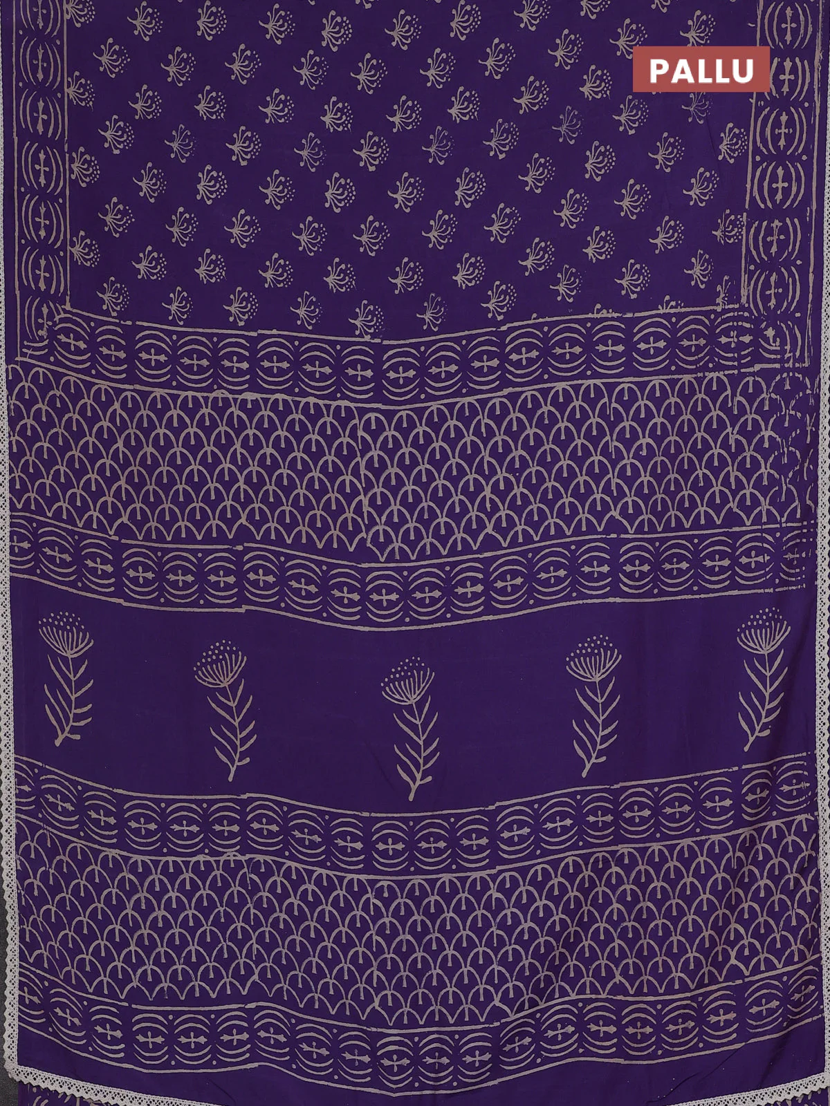 Semi pashmina silk saree violet and cream with allover butta prints and crocia lace work border - Image 3