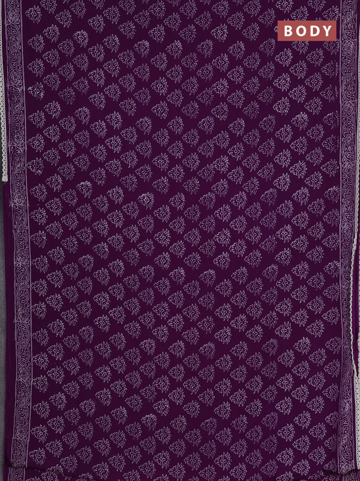 Semi pashmina silk saree violet and cream with allover butta prints and crocia lace work border - Image 2