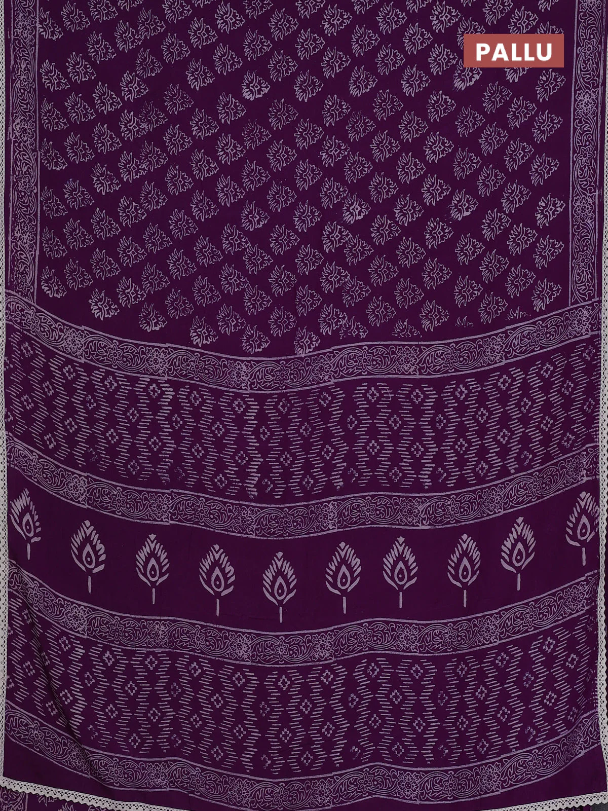 Semi pashmina silk saree violet and cream with allover butta prints and crocia lace work border - Image 3