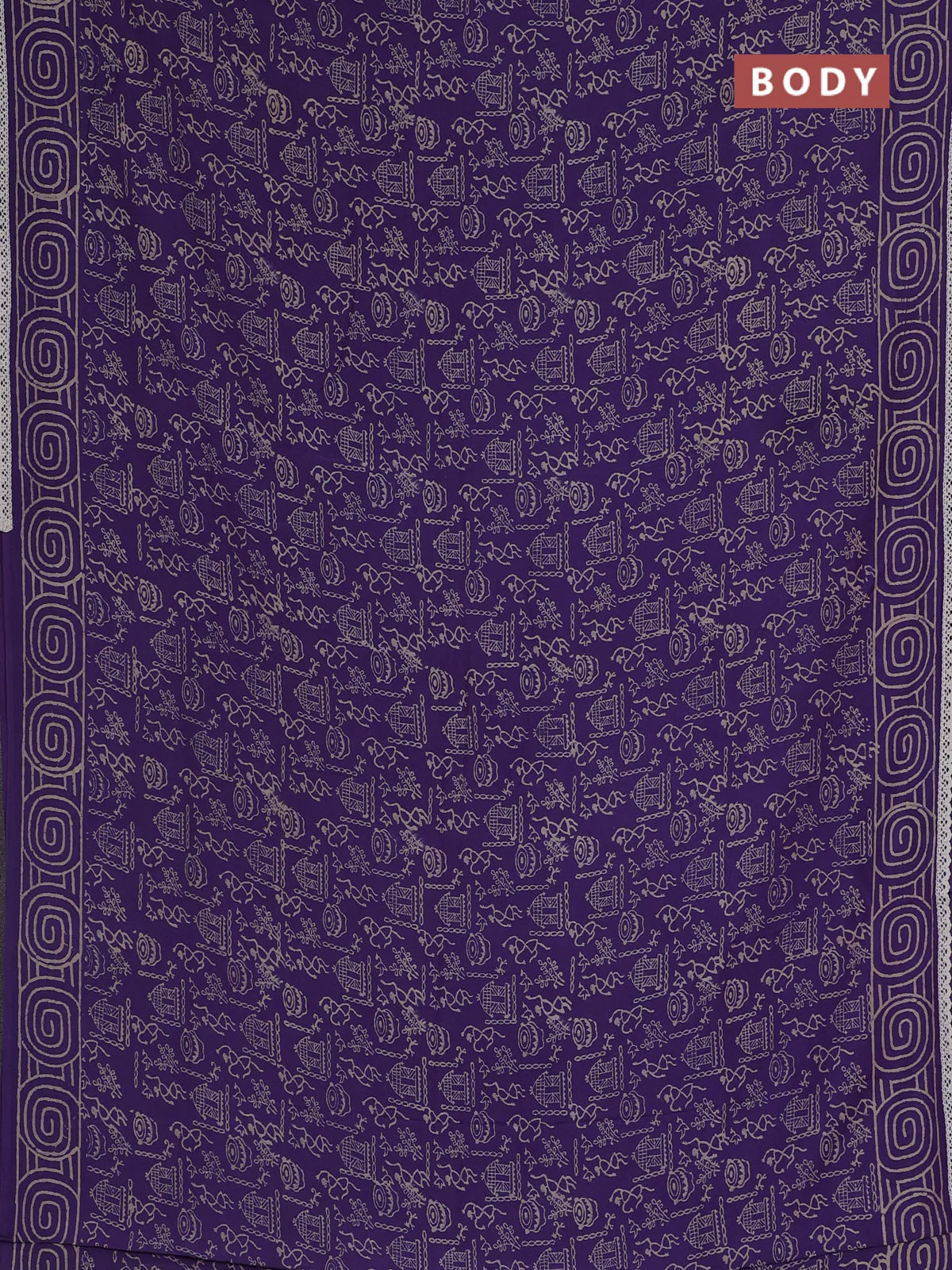 Semi pashmina silk saree violet and cream with allover warli prints and crocia lace work border - Image 2