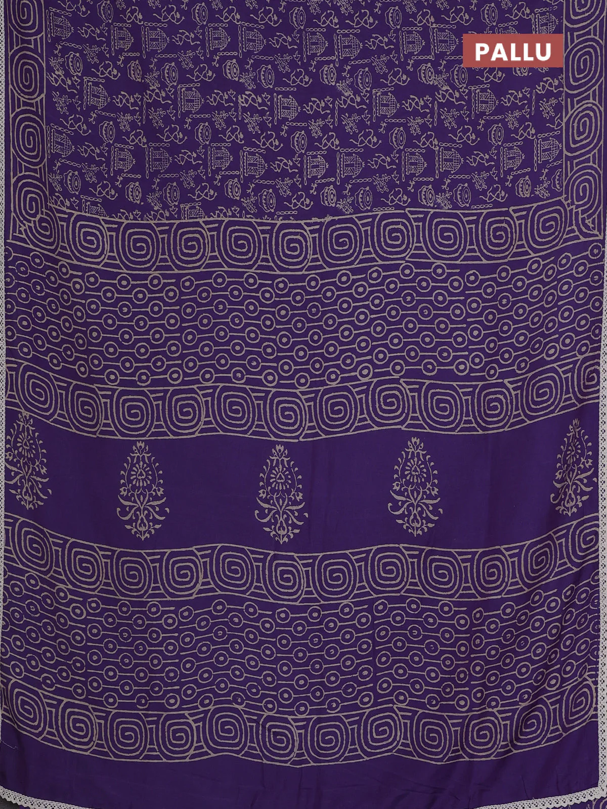Semi pashmina silk saree violet and cream with allover warli prints and crocia lace work border - Image 3