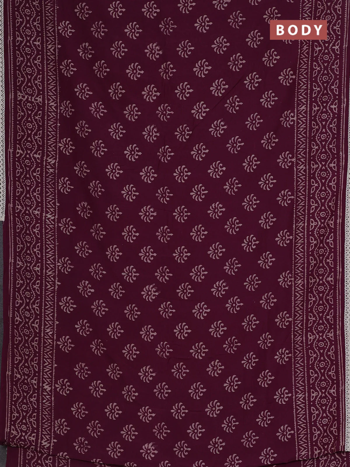 Semi pashmina silk saree wine shade and cream with allover butta prints and crocia lace work border - Image 2
