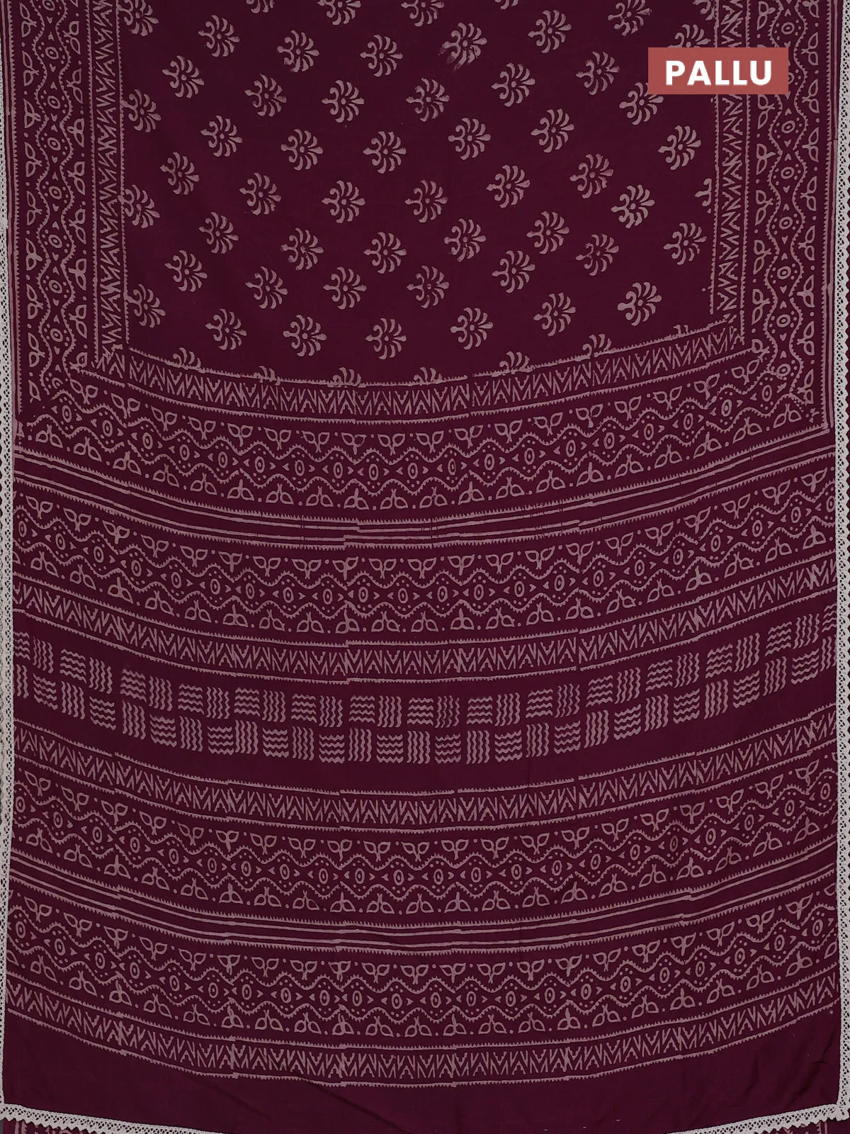 Semi pashmina silk saree wine shade and cream with allover butta prints and crocia lace work border - Image 3