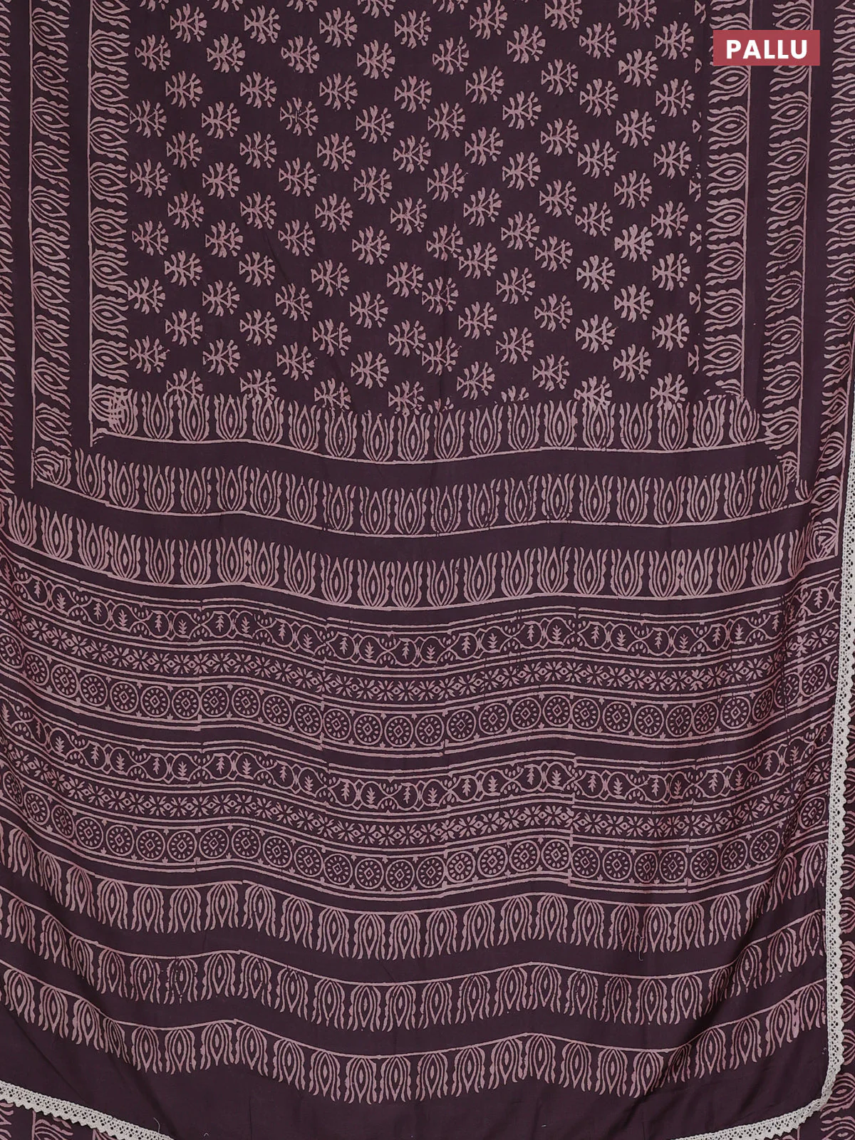 Semi pashmina silk saree wine shade and cream with allover butta prints and crocia lace work border - Image 3