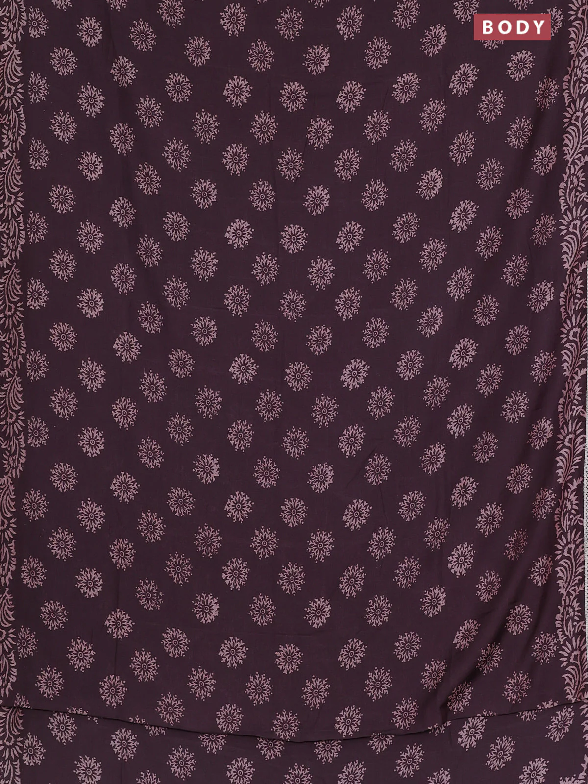 Semi pashmina silk saree wine shade and cream with allover butta prints and crocia lace work border - Image 2