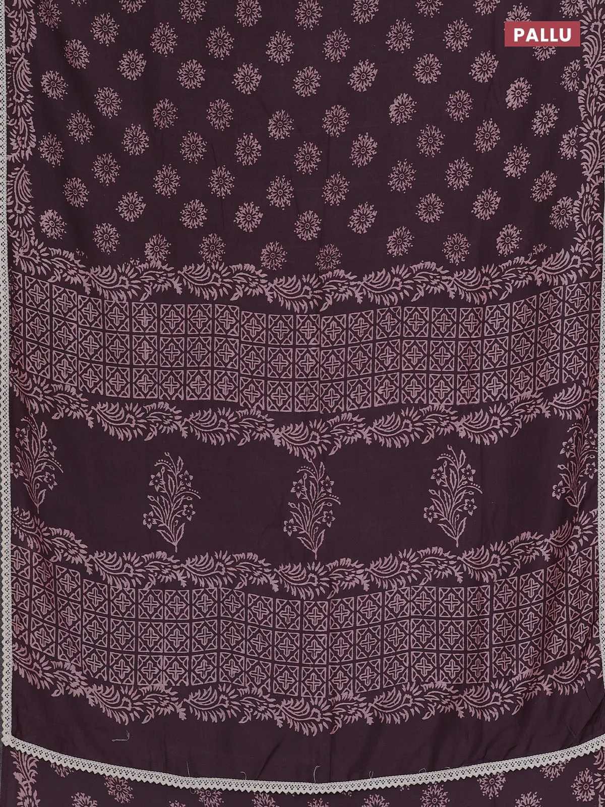 Semi pashmina silk saree wine shade and cream with allover butta prints and crocia lace work border - Image 3