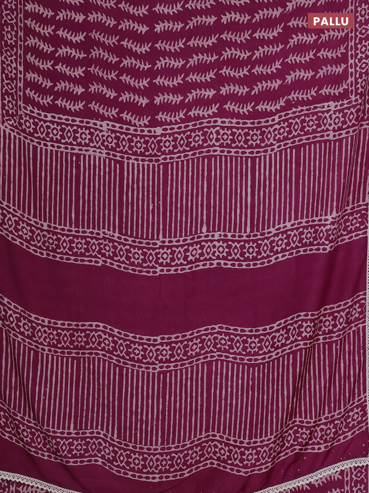 Semi pashmina silk saree wine shade and cream with allover prints and crocia lace work border - Image 3