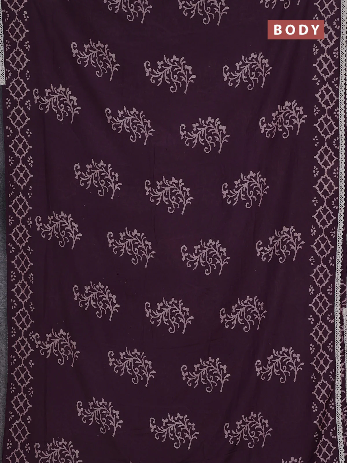 Semi pashmina silk saree wine shade and cream with butta prints and crocia lace work border - Image 2