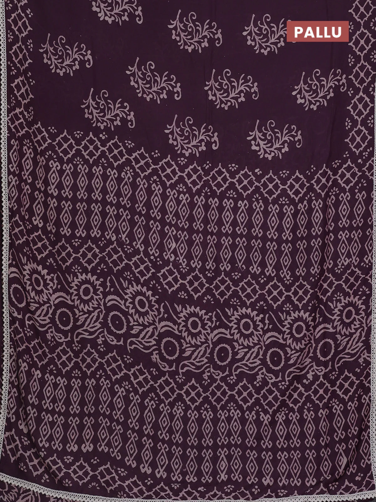 Semi pashmina silk saree wine shade and cream with butta prints and crocia lace work border - Image 3