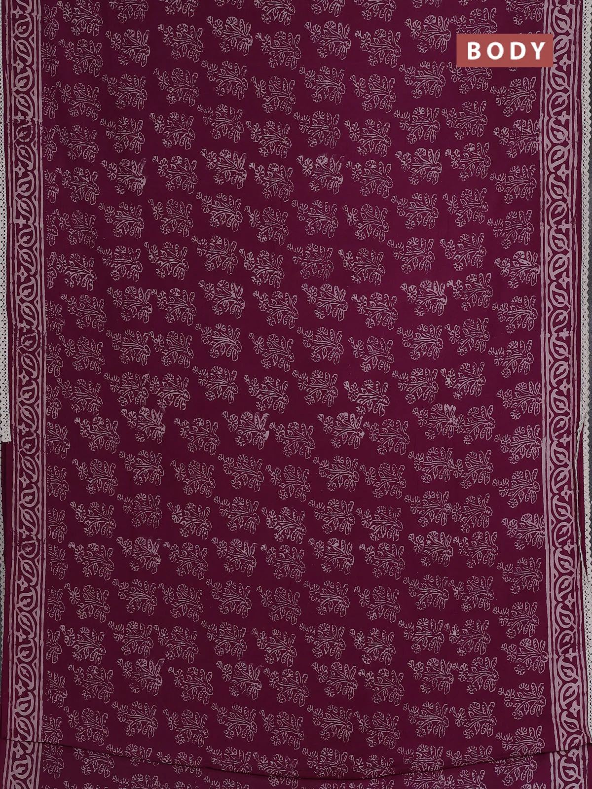 Semi pashmina silk saree wine shade with allover floral butta prints and crocia lace work border - Image 2