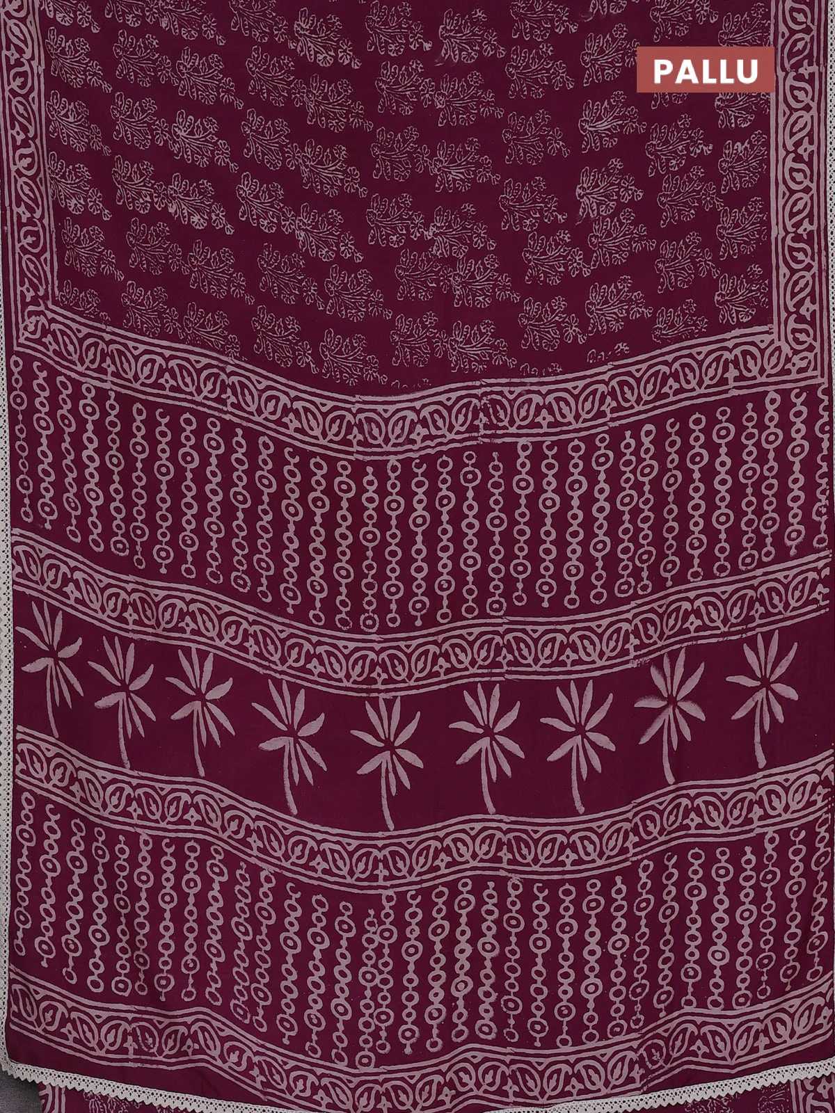 Semi pashmina silk saree wine shade with allover floral butta prints and crocia lace work border - Image 3
